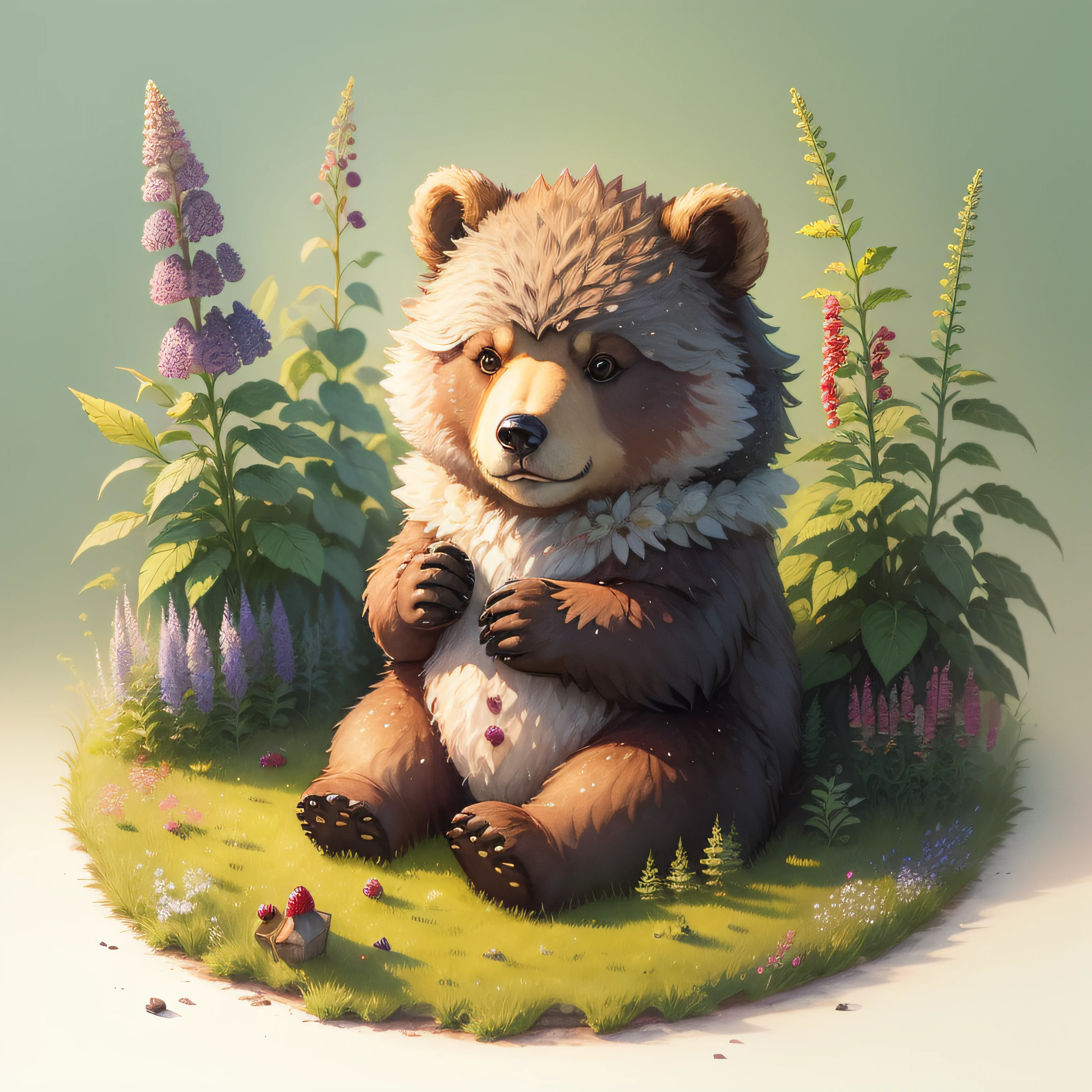 Everyone loves a bear, wet watercolor illustration, acrylic, adorable bear with fluffy fur, watercolor paper texture, raspberries, grapes, blackberries, currants, flowers, flowering herbs, wild herbs, thistle, delphinium, juniper, vine, moss, stones with moss, forest paths in the grass, wild nature beauty purity sincerity cuteness fabulous illustrators
