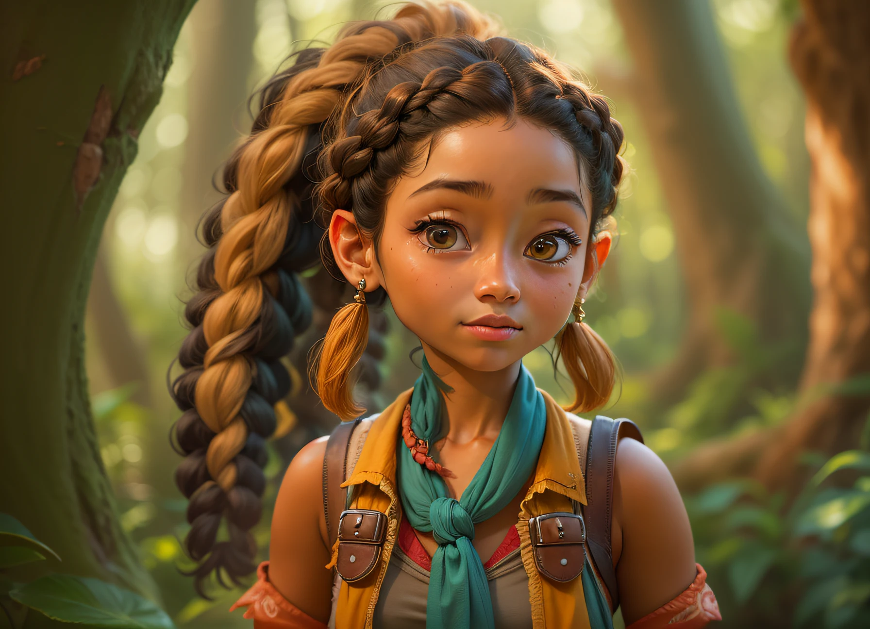 uma com oito anos de idade, pele cor de vermelha, Adventurer who wears two braids in her hair, estilo disney.