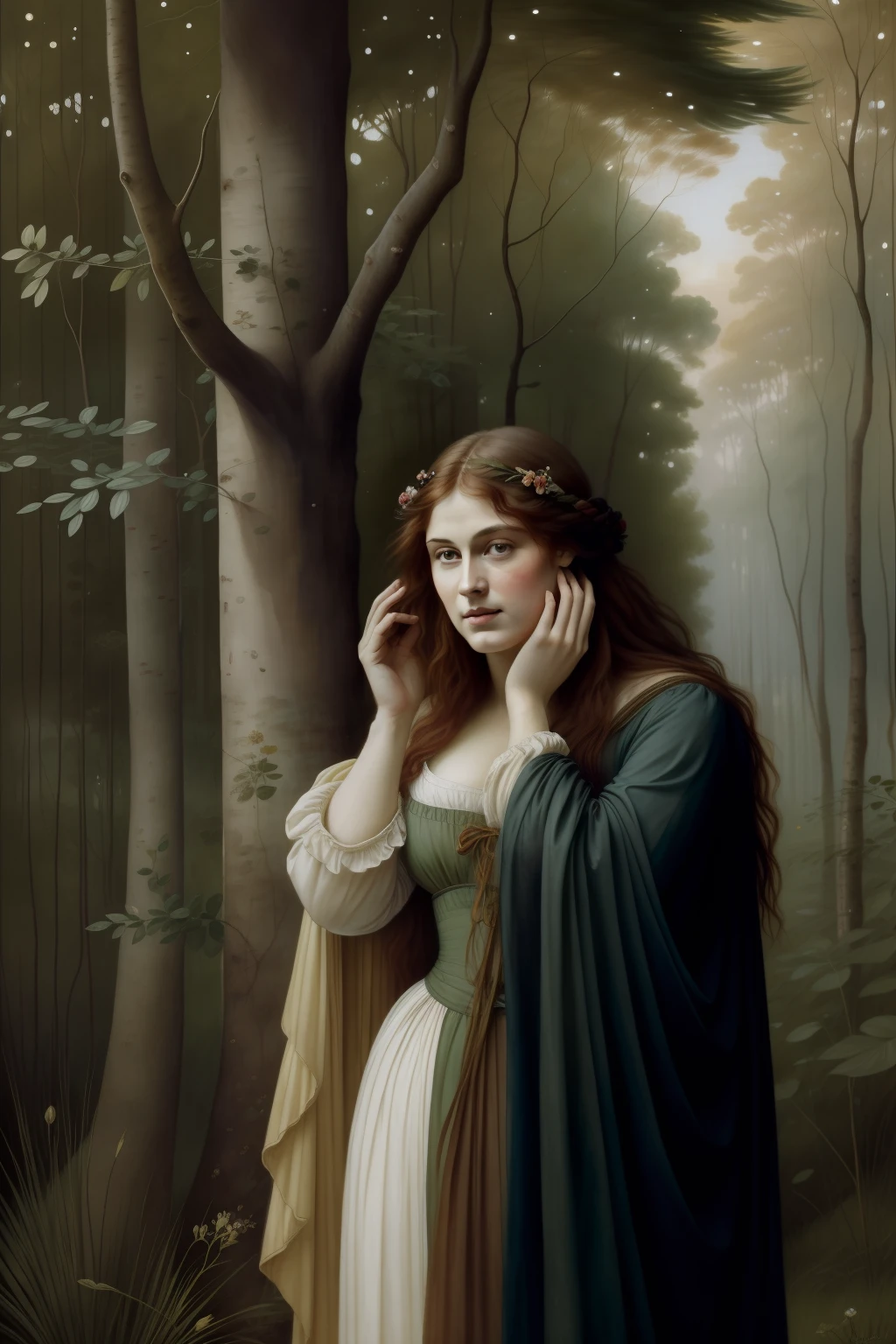 Floresta encantada, Sabugueiros, Pre-Raphaelite painting. sabugueiros floridos. (((Pre-Raphaelite painting))) mulher selvagem, esconde no mato, sabugueiro, Shy, envergonhado, corar, esconder rosto, smile shy.