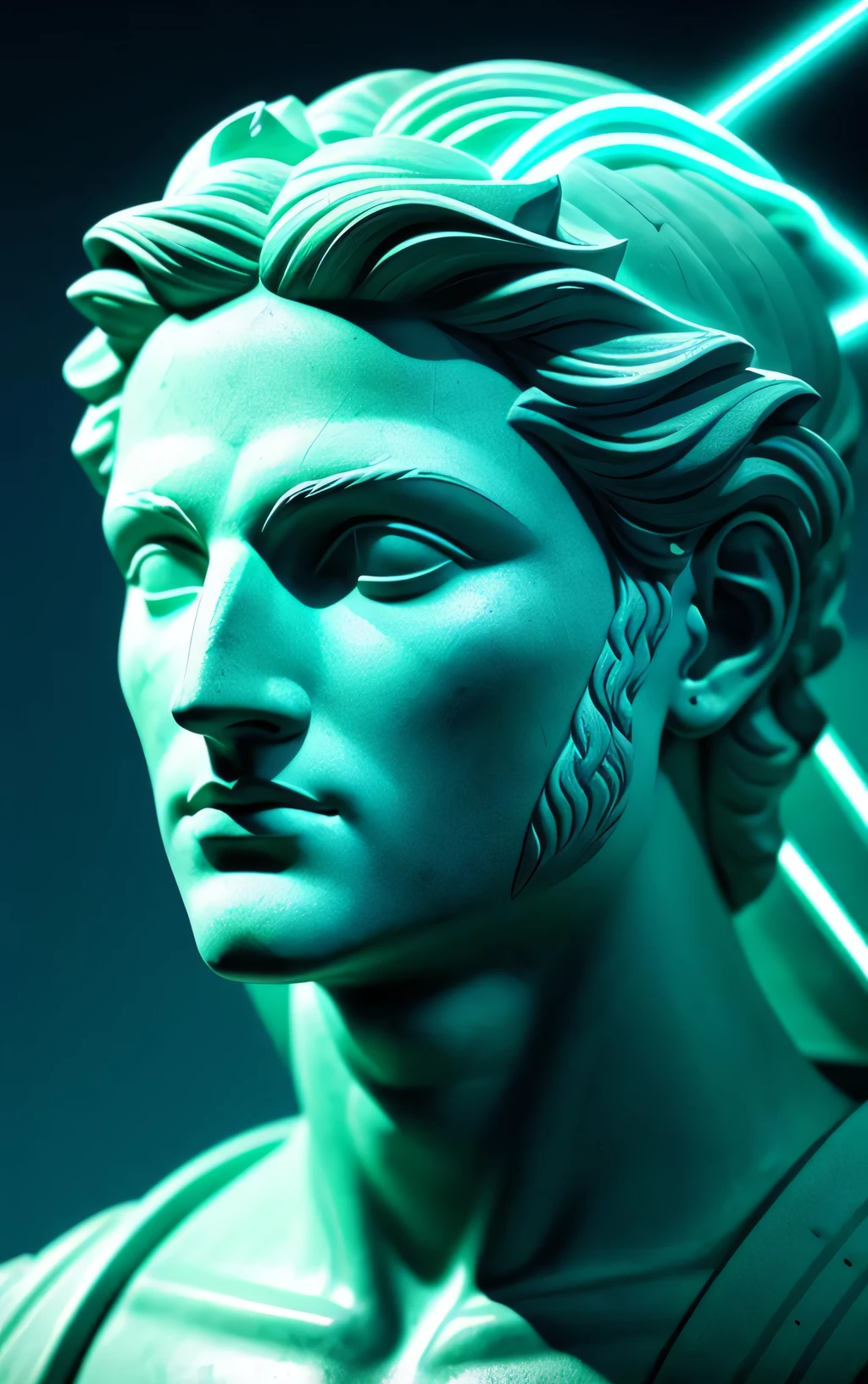 character in ancient Greek mythology, (neon lightning around the head:1.1), monument, chiton, peplos, (close-up of the head:1.2), lightning, sharp focus, fantasy, concept art, dynamic lighting, epic composition, Michelangelo style,