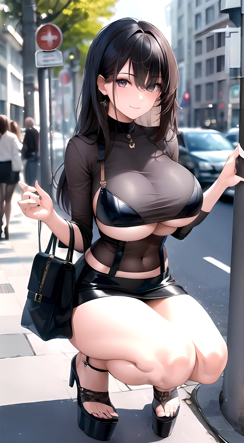 ((best qualtiy)), ((tmasterpiece)), (the detail:1.4), 3D,Complete body, Beautiful image of modern urban woman,cabellos largos dorados,huge tit,Crop topping,Superskirt,heeled sandals