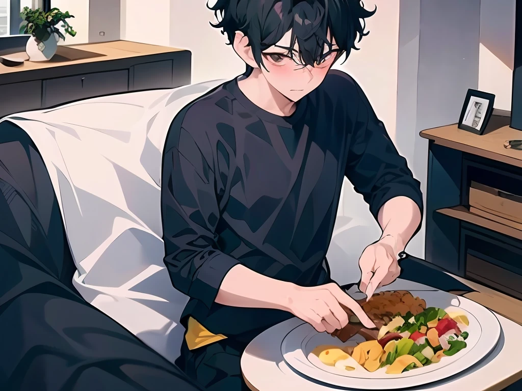 (tmasterpiece,Best quality,Refined features)A handsome boy,Curly hair,Have a good meal,Home cooking,Generous meals,Short black hair,Black shirt,shorter pants,byself,In the living room,Morning