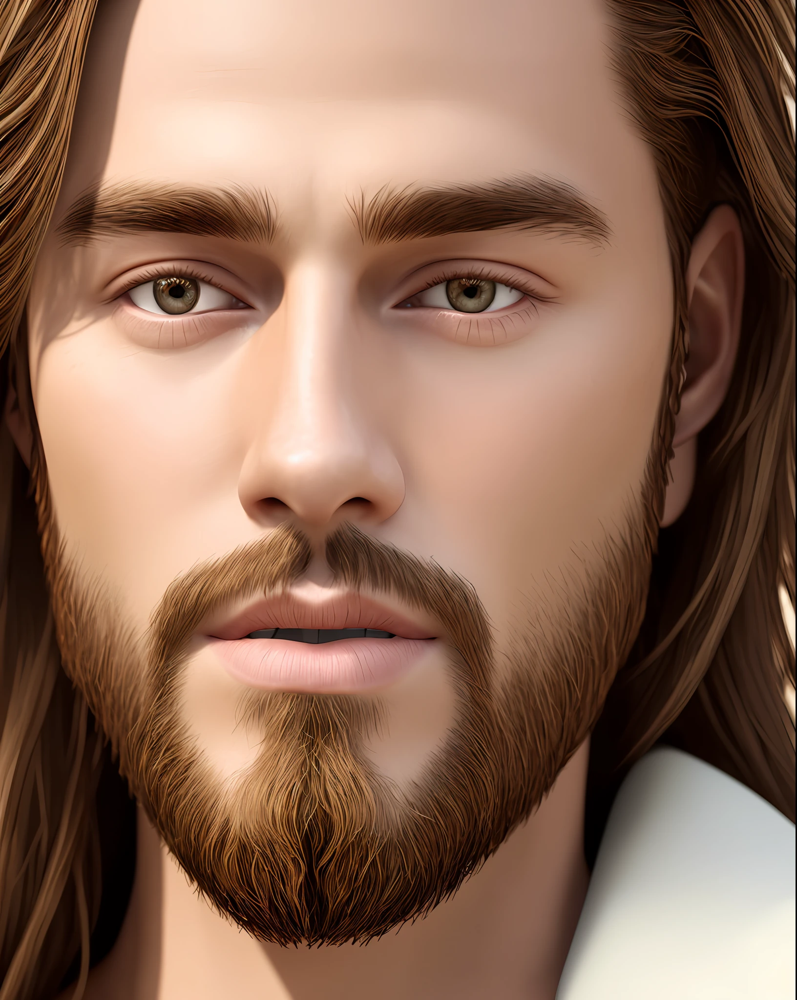 (symmetry),centered,a ((close)) up portrait,(Jesus),a very thin white man with long hair and a beard,wearing a long white robe,35mm,natural skin,clothes  detail, 8k texture, 8k, insane details, intricate details, hyperdetailedhighly detailed,realistic,soft cinematic light,HDR,sharp focus, ((((cinematic look)))),intricate, elegant, highly detailed
