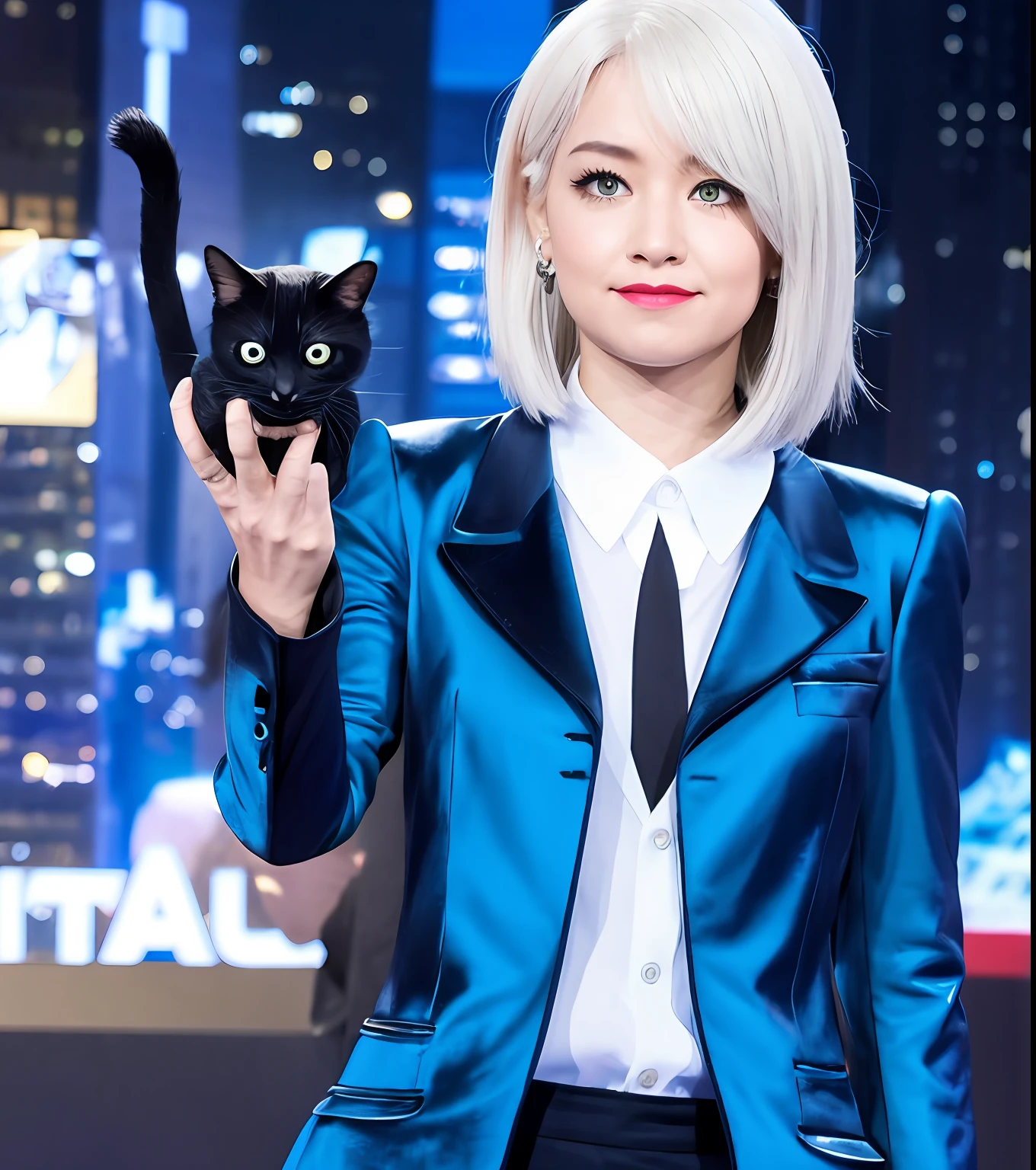 Chica de cabello blanco traje al estilo de Marvel como Black Cat de Marvel traje brillante azul en medio de la ciudad de noche
