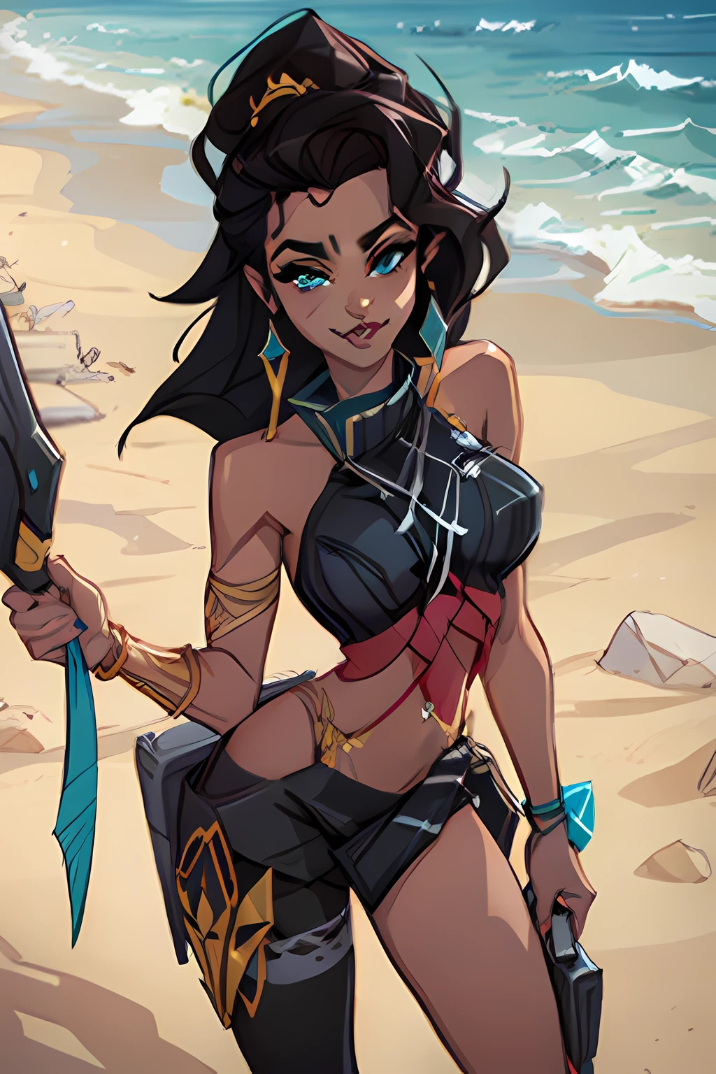 samira \(league of legends\), 1girl, bikini, underwear, league of legends, at the beach, sand, sea, ocean, sexy, hot, anatomy, loish, artstation, 4k