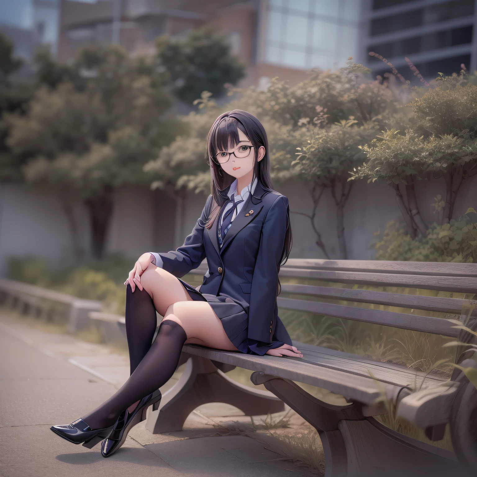 masutepiece, Anatomically correct,Two legs,Two arms, Textured skin,there is a woman sitting on a bench with her legs crossed, taken with a canon eos 5 d, taken with a canon eos 5 d, taken with a canon eos 5d, Girl in suit, various poses shooting photos, Girl in suit,Wearing underwear, Cute elegant pose, Elegant Pose, Wearing a strict business suit,Sitting on the ground, Japan school uniform,Small breasts glasses,