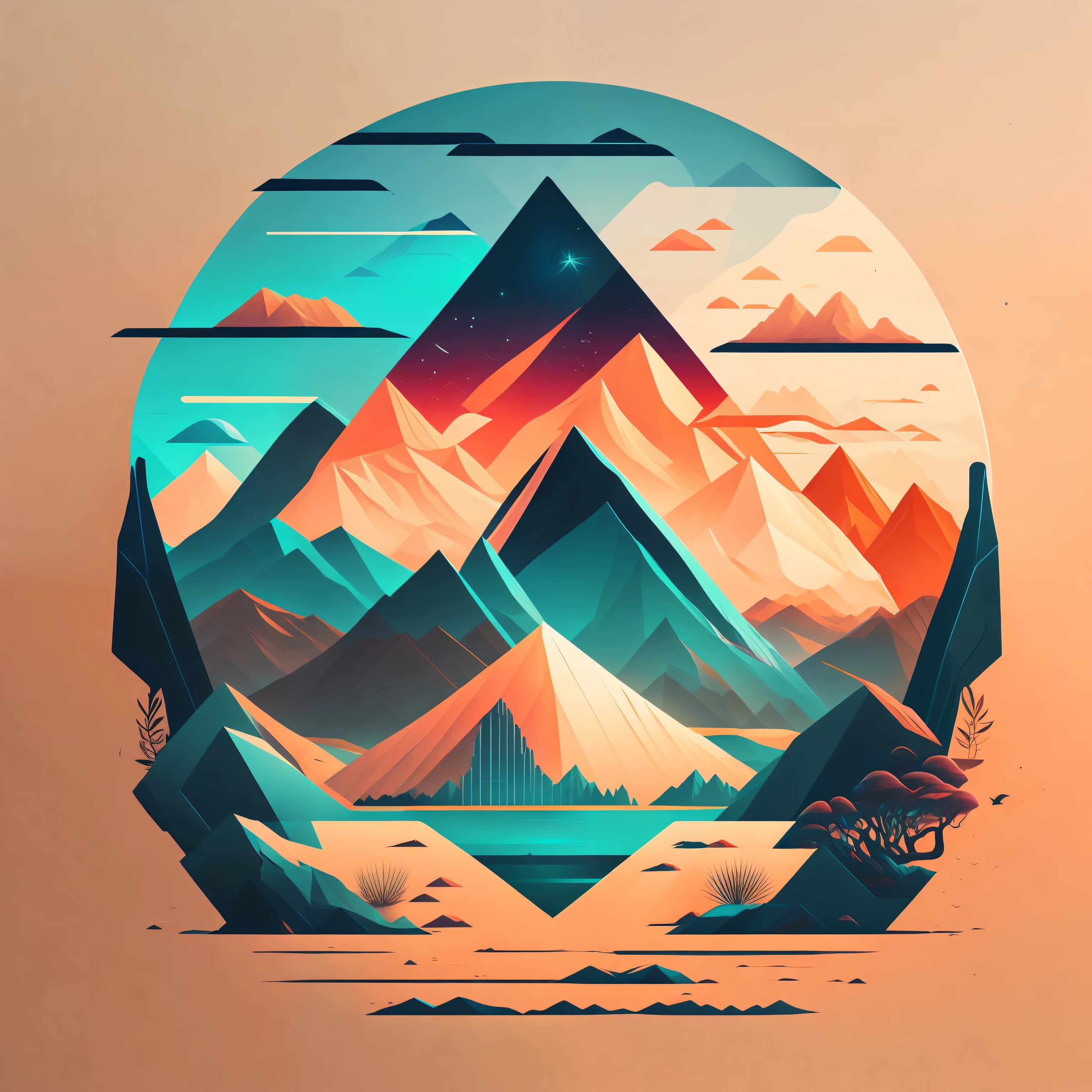 Minimalist landscapes composed of geometric shapes , T-shirt design, midjourney, vector art, hydro74