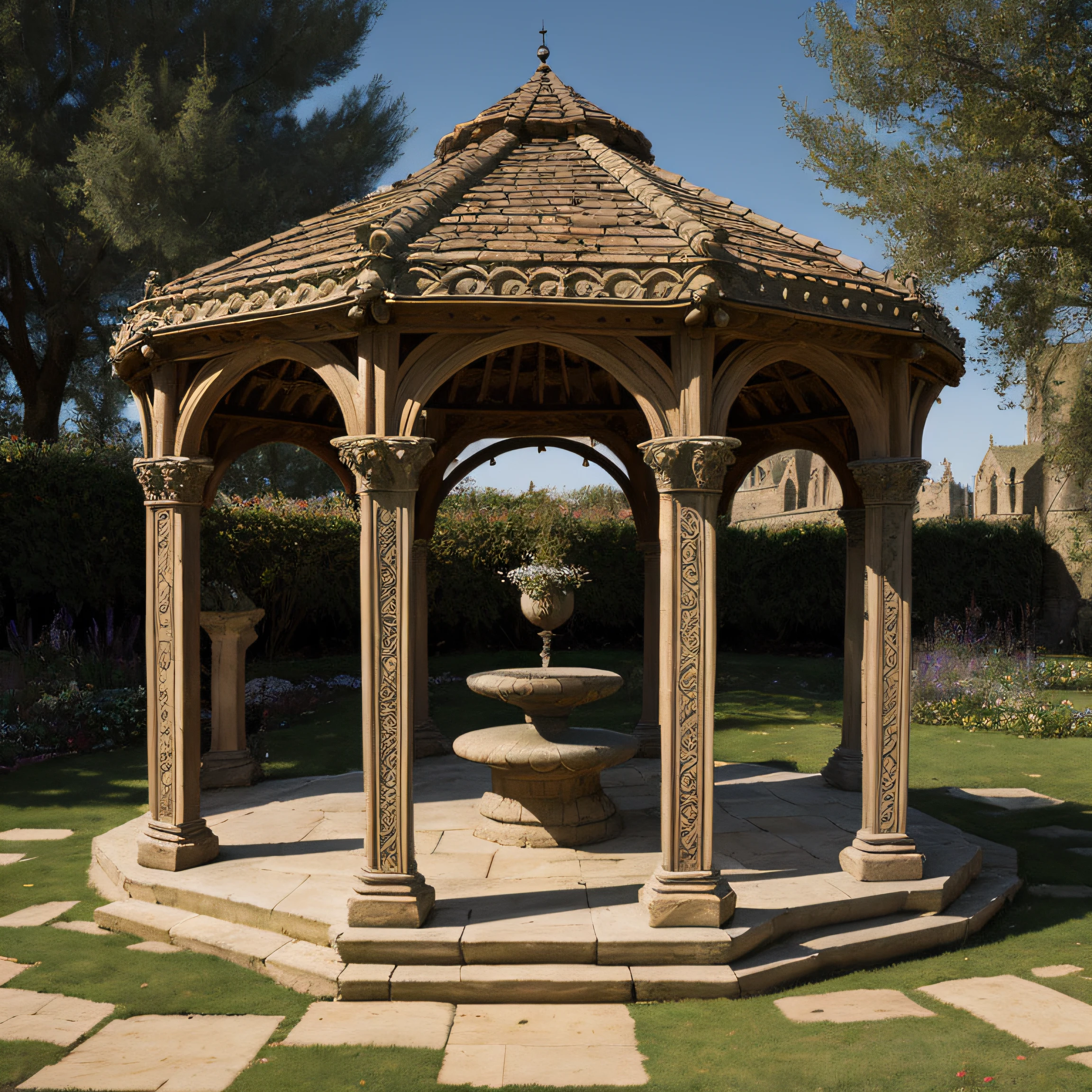medium shot of a medieval elven romanesque gazebo designed by Alan Lee, octagonal, exterior, medieval elven romanesque architecture, in a big medieval city, realistic, masterpiece, highest quality, shade, bloom, [[chromatic aberration]], by Jeremy Lipking, by Antonio J. Manzanedo, digital painting