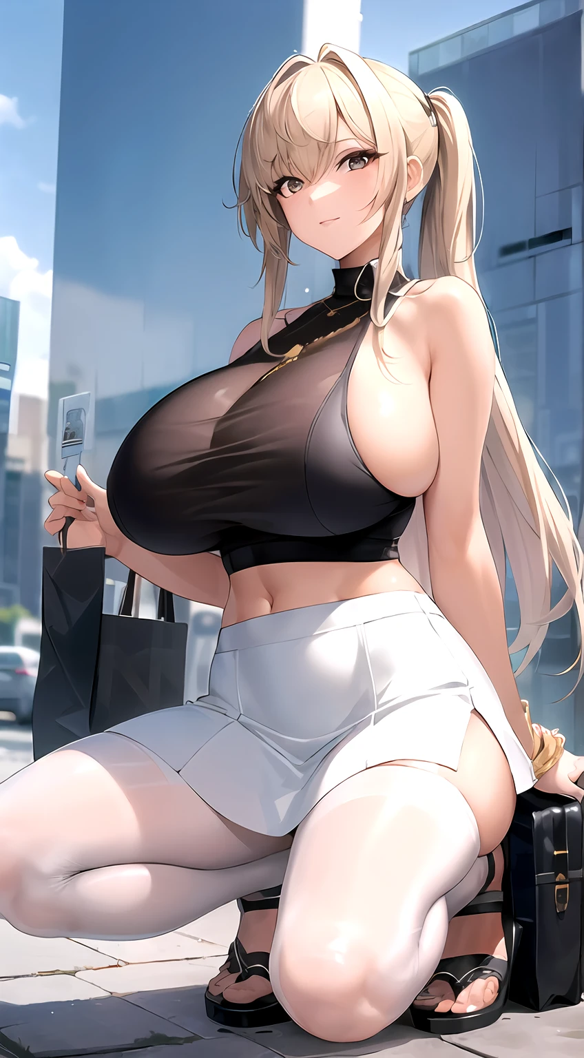 ((best qualtiy)), ((tmasterpiece)), (the detail:1.4), 3D,Complete body, Beautiful image of modern urban woman,cabellos largos dorados,huge tit,White crop toppings,Superskirt,white stockings,sandals