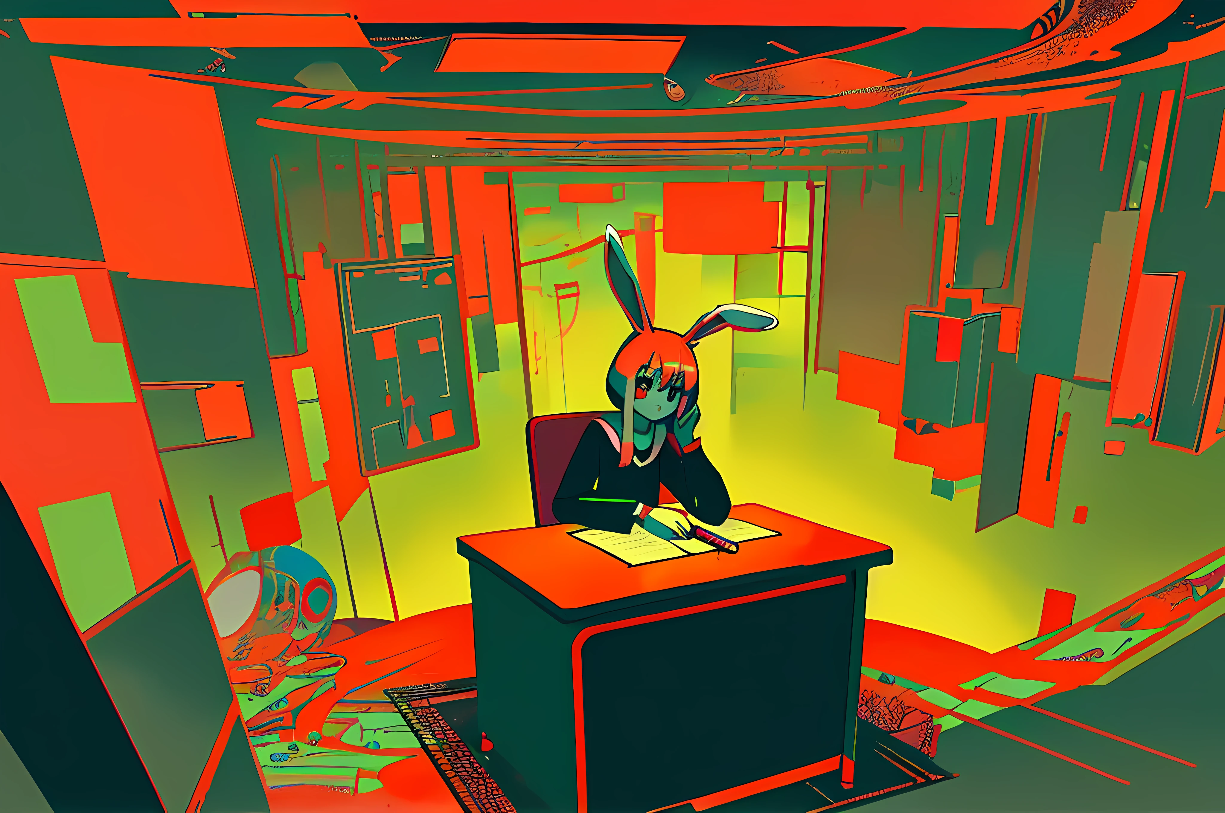 (blame! style abandoned tech landscape), (Zen, Amy Sol style), (((Lofi rabbit girl sitting at desk, beats to relax/study to))) (underground, dark, foggy, perilous, abandoned dystopian apartment bedroom, deep windows), (abstract anthro rabbit figure wearing bunny ears), cover art with light abstraction, abstract, simple vector art, contemporary Cybernetic art, color gradients, soft color palettes, layered forms, whimsical animation, style Ethereal abstract, 4K, --v6