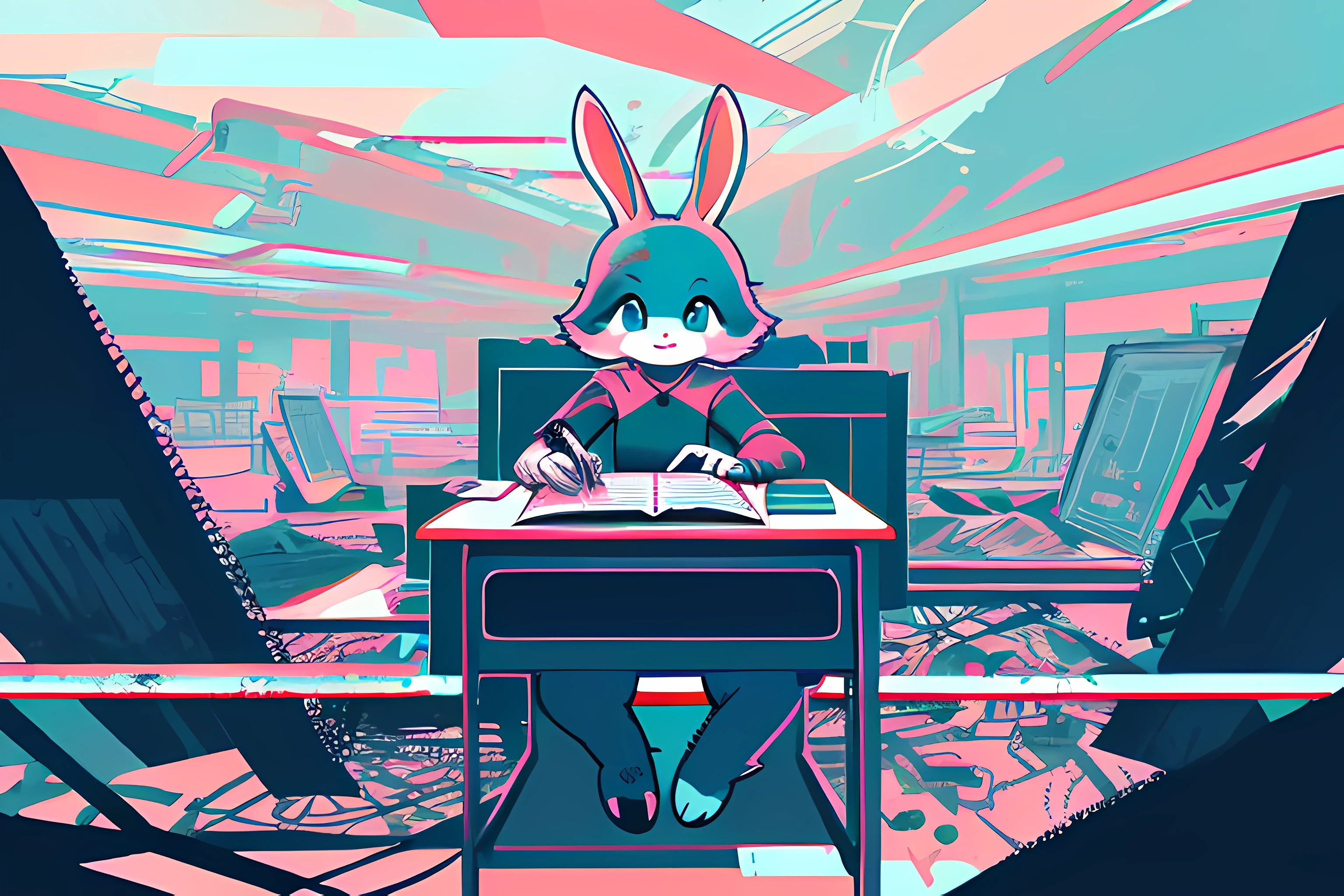 (blame! style abandoned tech landscape), (Zen, Amy Sol style), (((Lofi rabbit girl sitting at desk, beats to relax/study to))) (underground, dark, foggy, perilous, abandoned dystopian apartment bedroom, deep windows), (abstract anthro rabbit figure wearing bunny ears), cover art with light abstraction, abstract, simple vector art, contemporary Cybernetic art, color gradients, soft color palettes, layered forms, whimsical animation, style Ethereal abstract, 4K, --v6