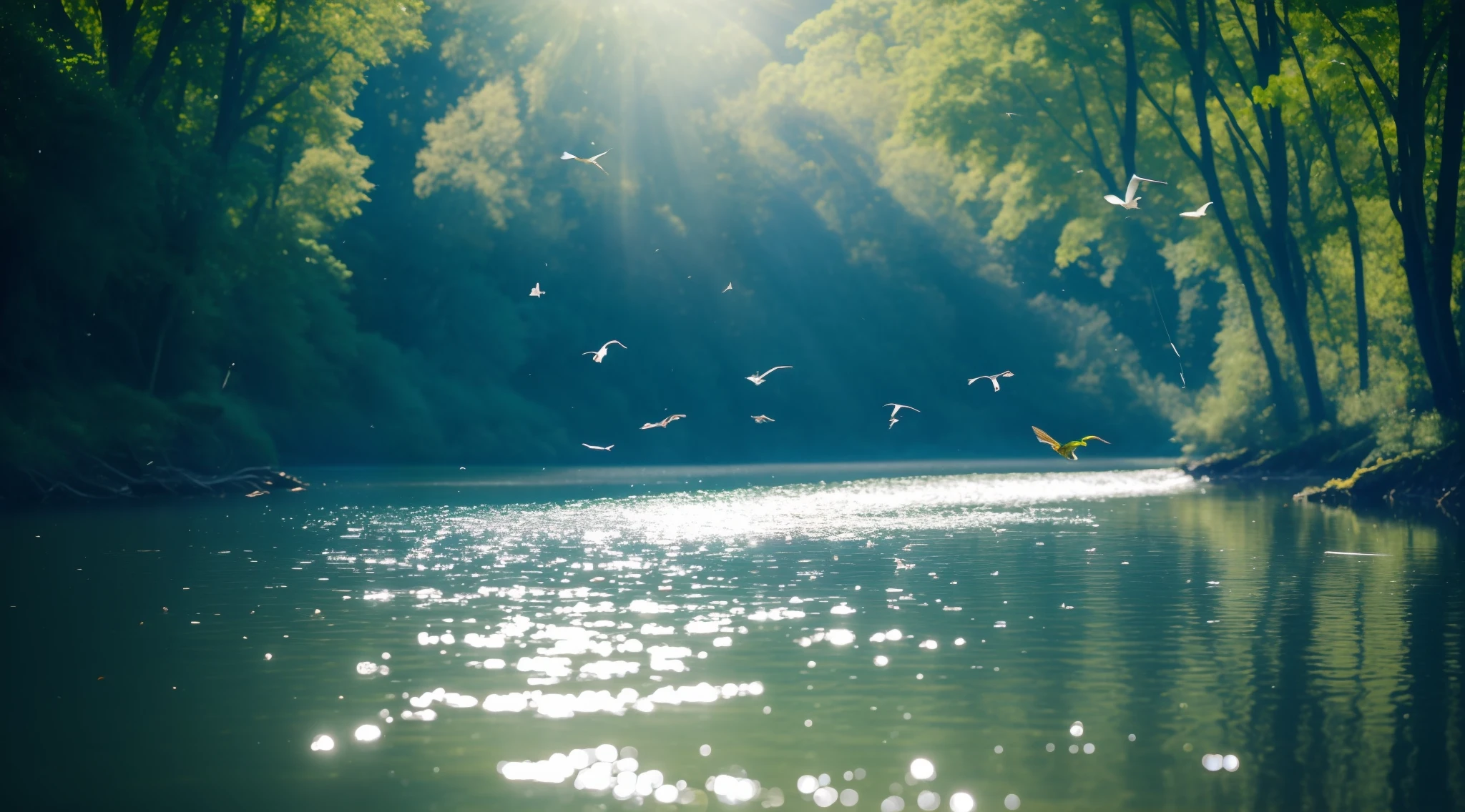 There are many birds flying on the water in the forest, River with low-flying parrots, Birds flying in daylight, Birds in the sunlight, Sunlight reflecting off the river, Birds flying far away, Birds flying far away, Morning River, shutterstock, Soar over a lake in the forest, beautiful sunny day, bird flying out of water, Gorgeous lighting of the river