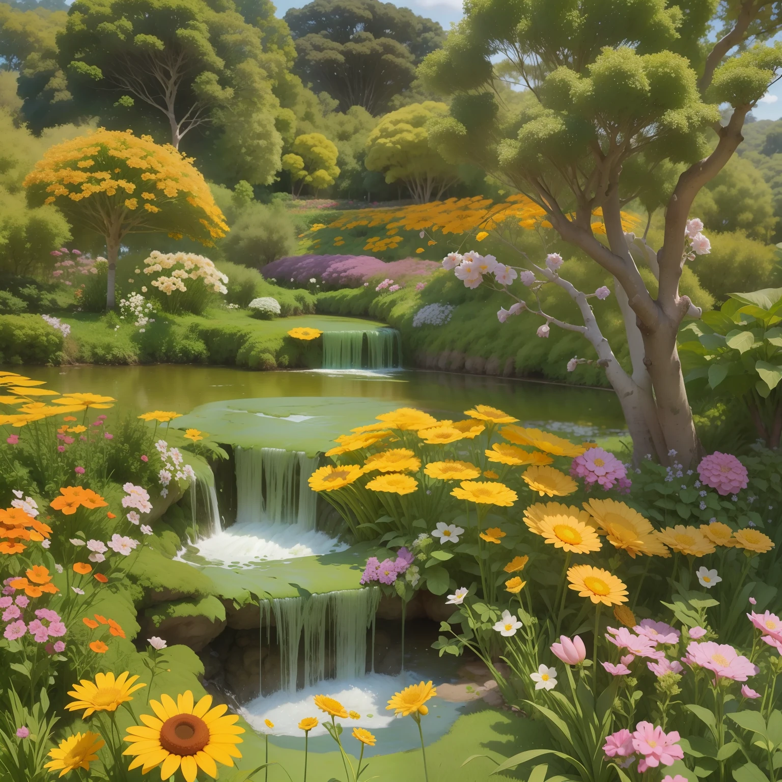 melhor qualidade, obra-prima, jardim com flores do campo, campo de girassol, dia de sol, dia claro e com poucas nuvens, moinho, cachoeira ao fundo.