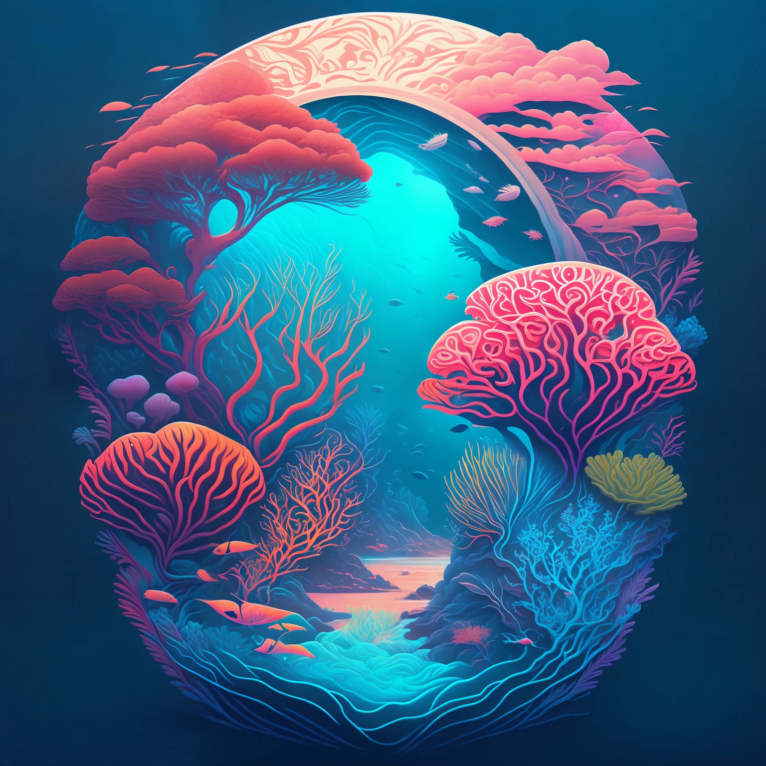 Colorful and intricate depictions of coral reefs , T-shirt design, midjourney, vector art, hydro74