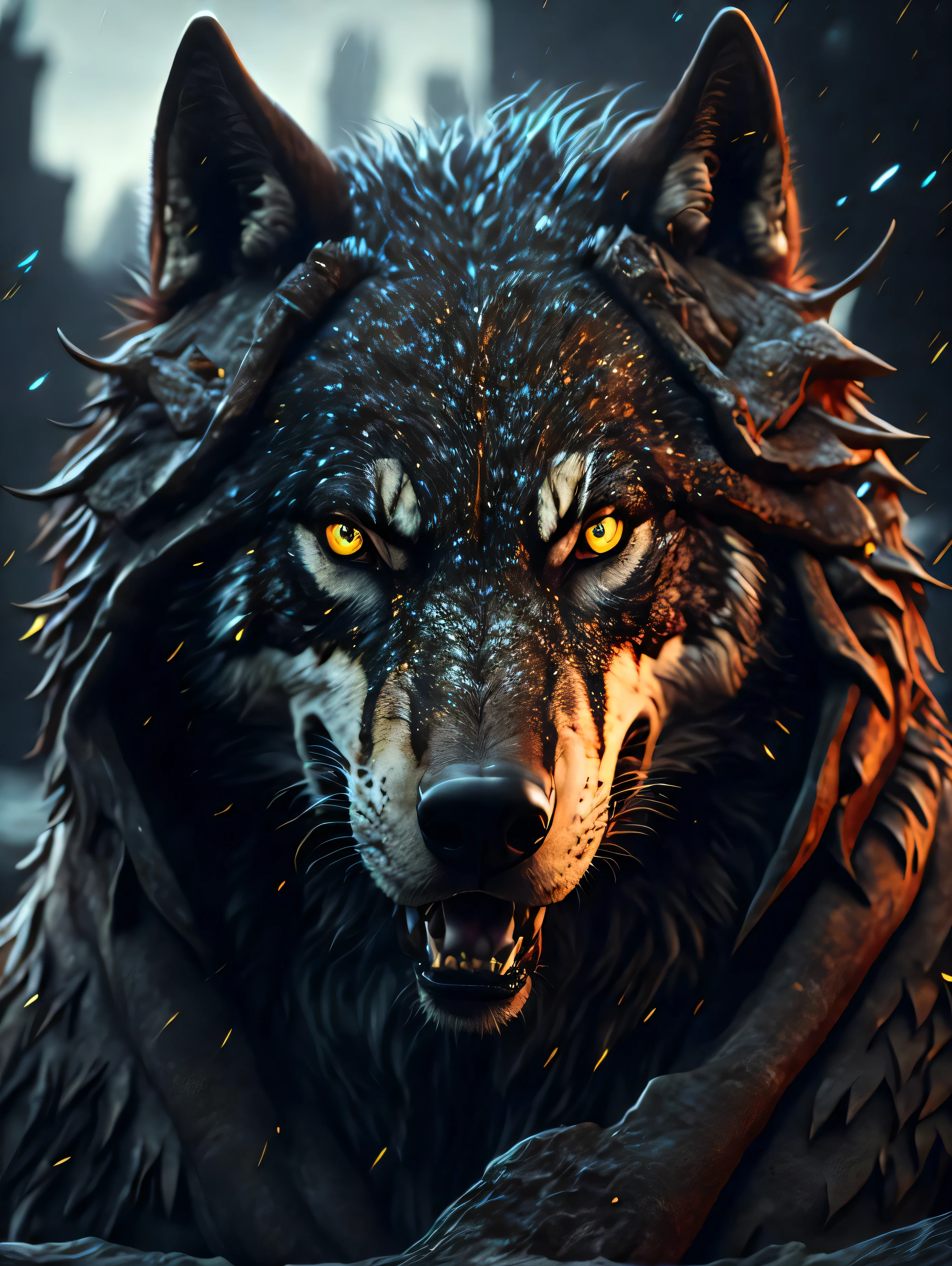 Wolf god, hyper realistic, tension, cold, highly detailed, sharp focus, professional, 8k UHD, cinematic, dark, violent, outdoor, River, battle, chase, dramatic, vivid, nervous vibe, render, epic, twilight, HDR, album cover, blizzard, lightning, cataclysmic