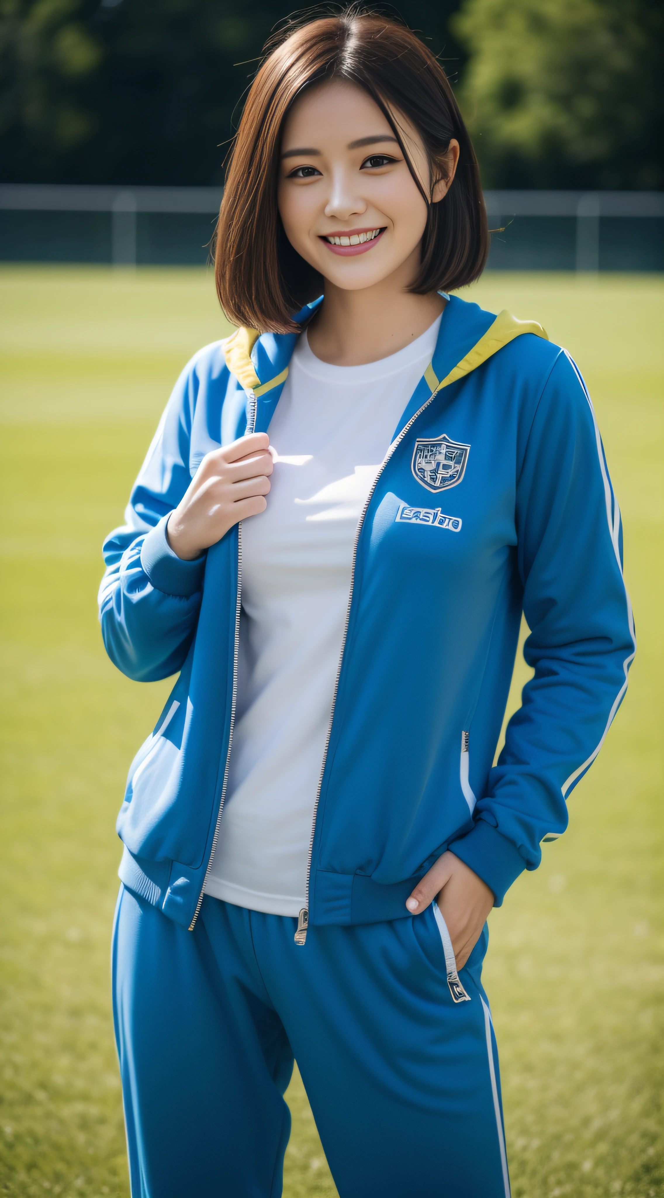 (8K、Raw photography、top-quality、​masterpiece:1.2)、(realisitic、realisitic:1.37)、超A high resolution、photon maping、Physically Based Rendering、1girl in、(brunette:1.3)、Short Bob、A detailed face、A detailed eye、is standing、Look at viewers、(little smile cute:1.2)、(Happiness)、Healing cute、(Soccer Field:1.2)、(early evening:1.2)、sweat pant、Open Sports Jacket、white t-shirts、Colossal tits