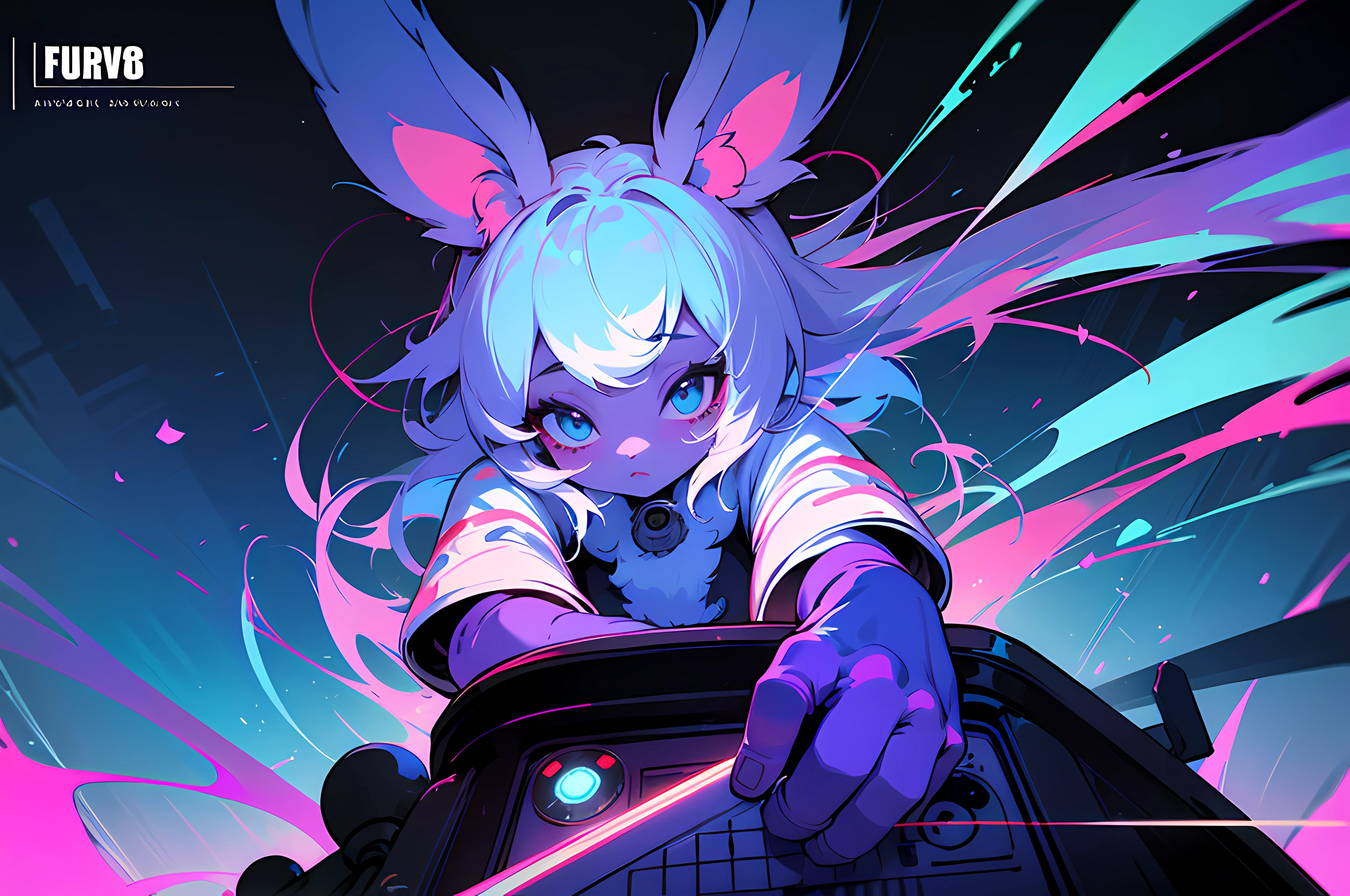 (blame! style abandoned tech landscape), (Zen, Amy Sol style), (((Lofi anthro kemono blue-furred rabbit girl writing at desk, beats to relax/study to))) ((suspended cyberpunk computer terminals)), (underground, dark, foggy, perilous, abandoned dystopian apartment bedroom, deep windows), (abstract anthro rabbit figure wearing bunny ears), cover art with light abstraction, abstract, simple vector art, contemporary Cybernetic art, color gradients, soft color palettes, layered forms, whimsical animation, style Ethereal abstract, 4K, --v6
