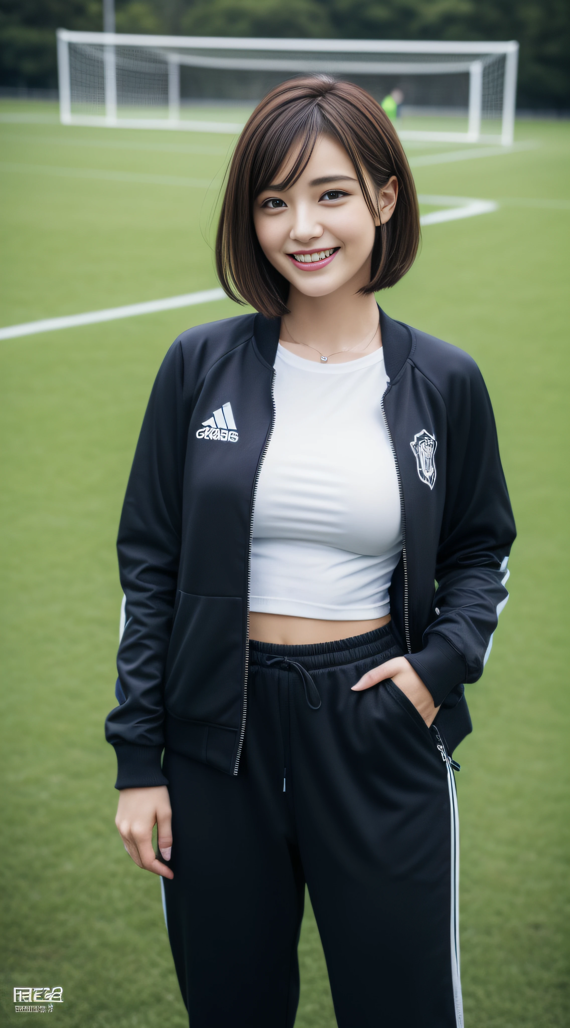 (8K、Raw photography、top-quality、masterpiece:1.2)、(realisitic、realisitic:1.37)、超A high resolution、photon maping、Physically Based Rendering、1girl in、(brunette:1.3)、Short Bob、A detailed face、A detailed eye、is standing、Look at viewers、(little smile cute:1.2)、(Happiness)、Healing cute、(Soccer Field:1.2)、(early evening:1.2)、sweat pant、Open Sports Jacket、white t-shirts、Colossal tits