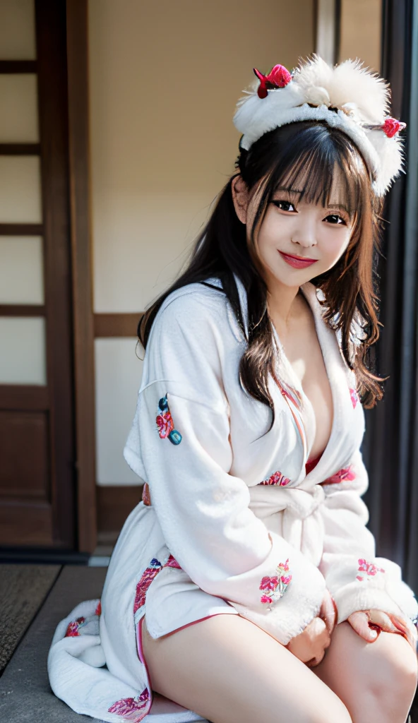 1 girl、masterpiece、top-quality、realisitic、half up、sixteen years old、Japan houses、bathrobe、Sitting on the porch、watermelons、a smile、extremely detailed