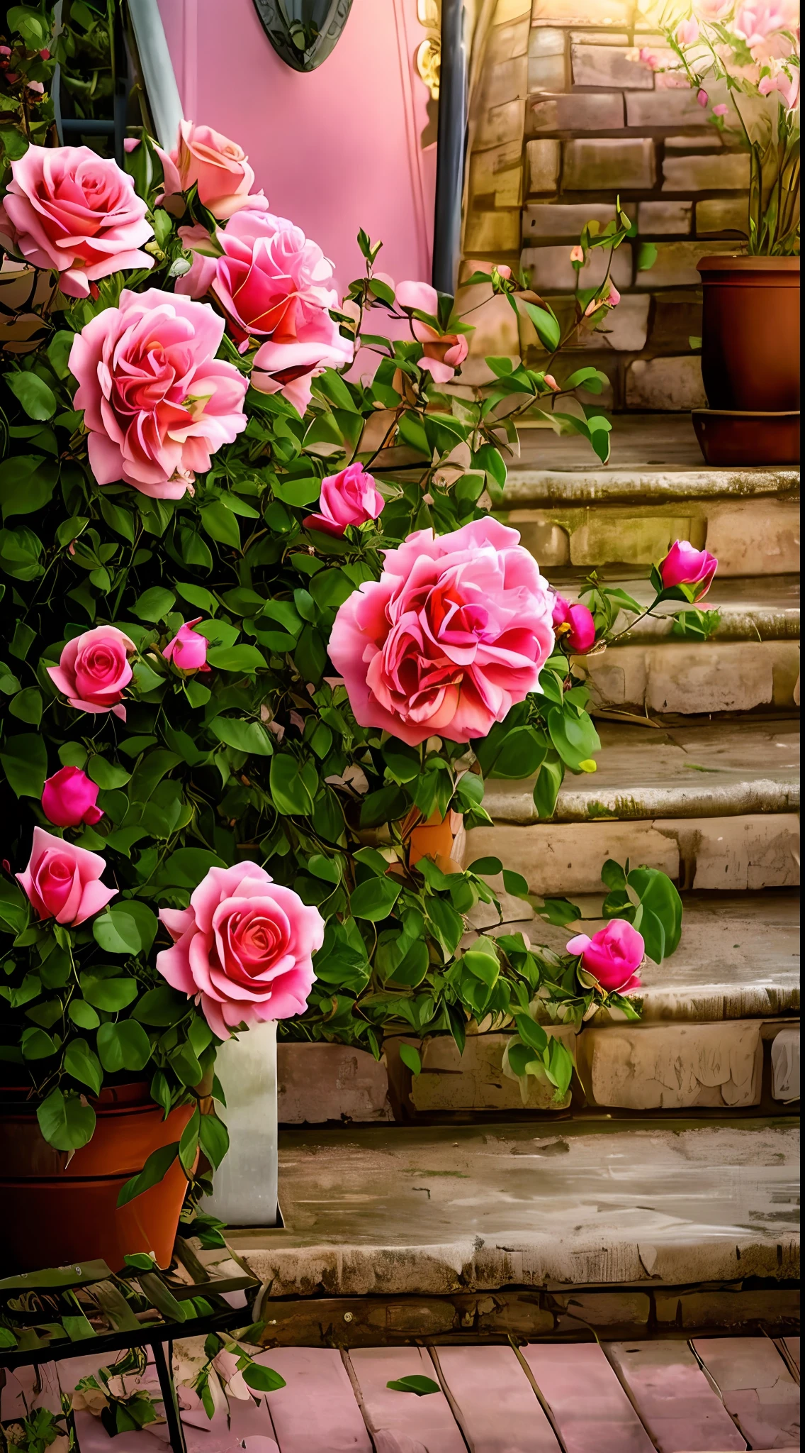 On the steps there is a potted plant of pink roses, rose twining, rose-brambles, roses in cinematic light, rosa bonheurn, rosette, Incredibly beautiful, growing out of a giant rose, a few roses, crown of peach roses, photo taken with canon 5d, with soft bushes, staggering in its beauty, Rozen Maiden