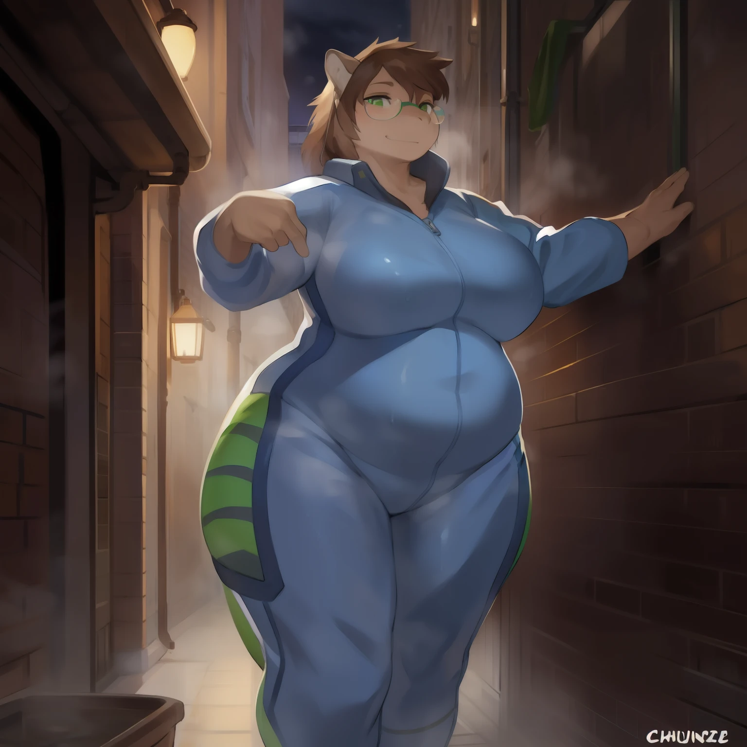 Solo, female, standing, by bebebebebe, by chunie, by danza, lizard, brown skin, tan skin, green stripes, brown hair, green eyes, detailed eyes, chubby, slightly chubby, short, small, glasses, thick, thicc, curvy, voluptuous, naked, alleyway, sweaty, sweat, steam, night, fog, blue military spacesuit