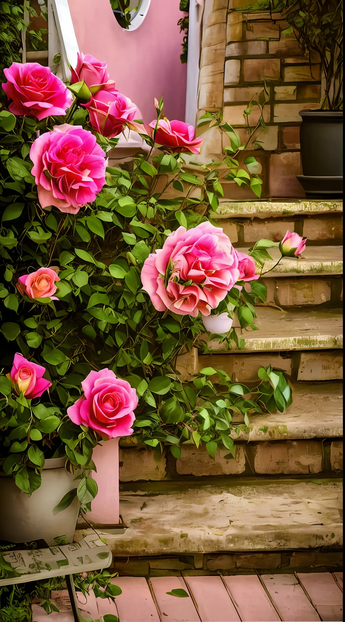 On the steps there is a potted plant of pink roses, rose twining, rose-brambles, roses in cinematic light, rosa bonheurn, rosette, Incredibly beautiful, growing out of a giant rose, a few roses, crown of peach roses, photo taken with canon 5d, with soft bushes, staggering in its beauty, Rozen Maiden