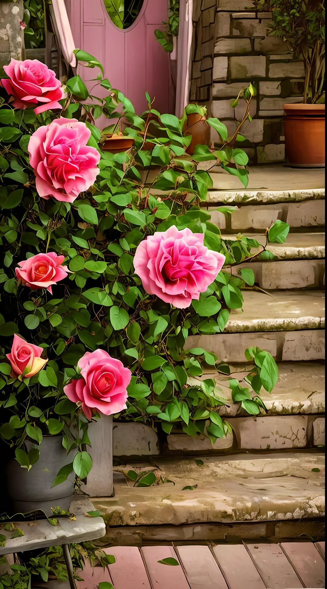 On the steps there is a potted plant of pink roses, rose twining, rose-brambles, roses in cinematic light, rosa bonheurn, rosette, Incredibly beautiful, growing out of a giant rose, a few roses, crown of peach roses, photo taken with canon 5d, with soft bushes, staggering in its beauty, Rozen Maiden