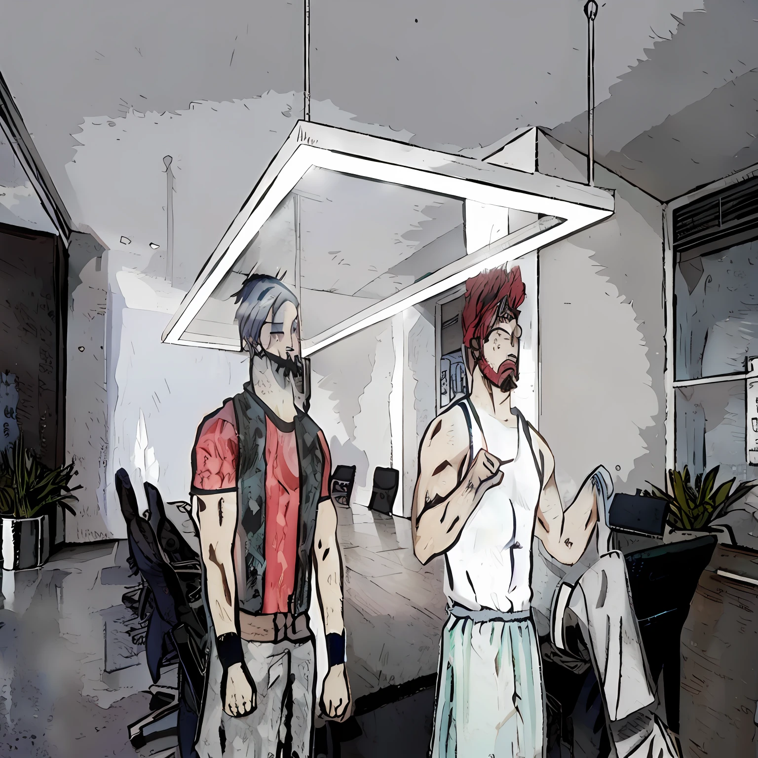 There are two men standing in an office with a desk, homem de camisa vermelha e colete preto, homem com cabelo e barba ruiva de regata branca segurando um vestido branco, in a cyberpunk setting, cypherpunk fashion illustration, Sharp Foccus Ilustração HQ, Amigos, in an office, arte conceitual para um videogame, pintado digitalmente, Price Range ColorKey, 16k, max quality