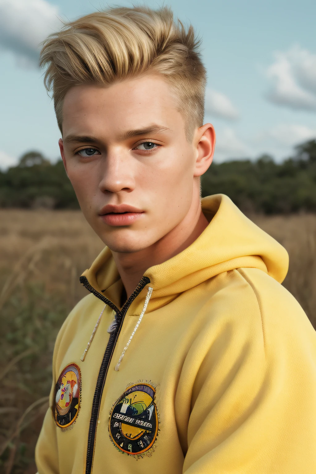 extremely detailed, amazing, fine detail, absurdres, highly detailed, man, blonde, wearing 90s sweatsuit , yellow #ffff00, in savanna landscape, (analog style, dreamlikeart, redshift style, mdjrny-v4 style:0.5), anatomical, hyper realistic lifelike texture dramatic lighting unrealengine trending on artstation cinestill 800 tungsten, (Asian-Less-Toon:1.25), (50mm Sigma f/1.4 ZEISS lens, F1.4, 1/800s, ISO 100, photography:1.1)