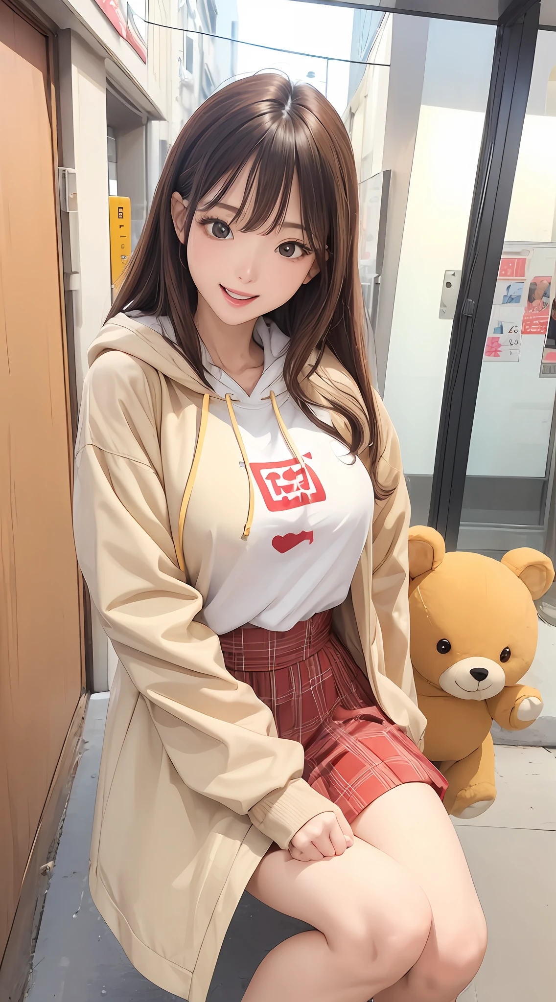 ((top-quality、masuter piece、:1.3))、(Photorealsitic:1.37)、foco nítido:1.2、Beautiful woman with perfect body shape:1.4、25-years old、Highly detailed facial and skin texture、A detailed eye、二重まぶた、Beautiful face、profile、Adult face、From head to knee、Walking、(Game Center)、Stuffed bear、Beige Hoodie、Red checked miniskirt、Smile with open mouth