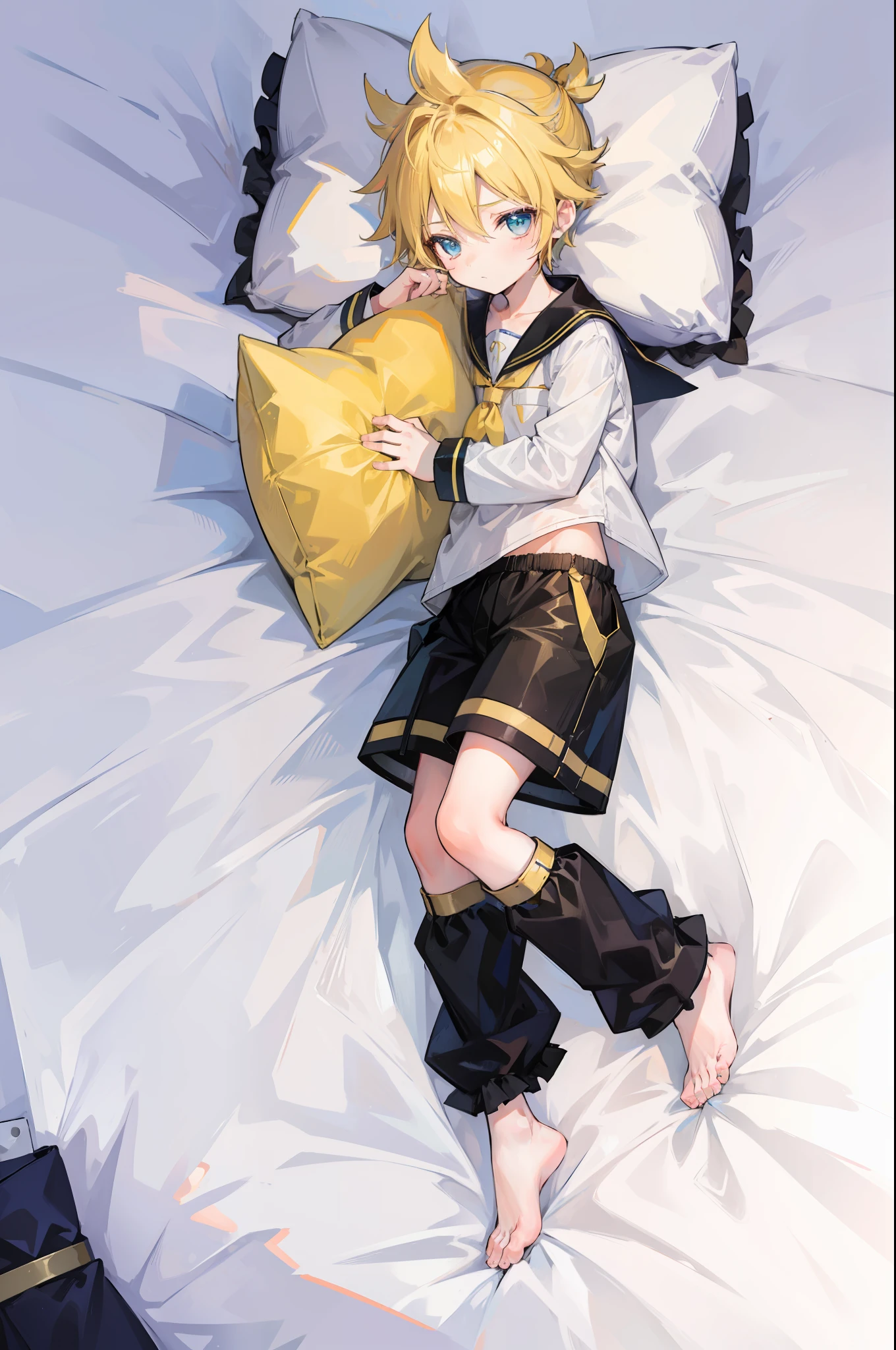 best quality, ultra precision, (one boy), (Len_Kagamine), cute, cool, blond hair, shota, cowlick, sailor uniform, black short pants, slender,  your cute boyfriend, innocent, boy model, boy is cute like a girl, on bed, lying on bed, sleep peacefully, close boy's eyes, boy is sleeping well, hugging pillow, full body, lovely, sleepy