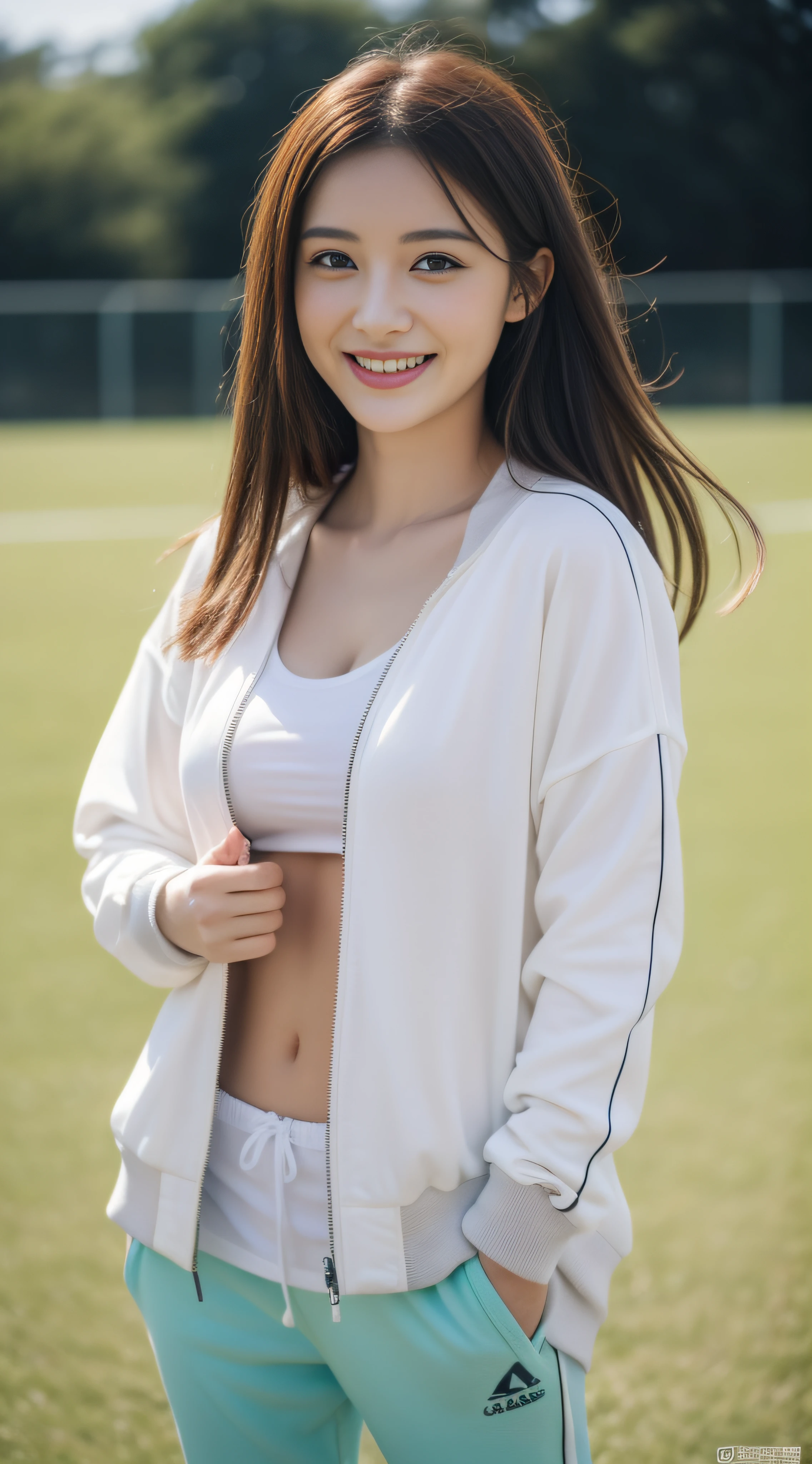 (8K、Raw photography、top-quality、masterpiece:1.2)、(realisitic、realisitic:1.37)、超A high resolution、photon maping、Physically Based Rendering、1girl in、(brunette:1.3)、Twin-tailed、A detailed face、A detailed eye、is standing、Look at viewers、(little smile cute:1.2)、(Happiness)、Healing cute、(Soccer Field:1.2)、(early evening:1.2)、sweat pant、Open Sports Jacket、white t-shirts、Colossal tits