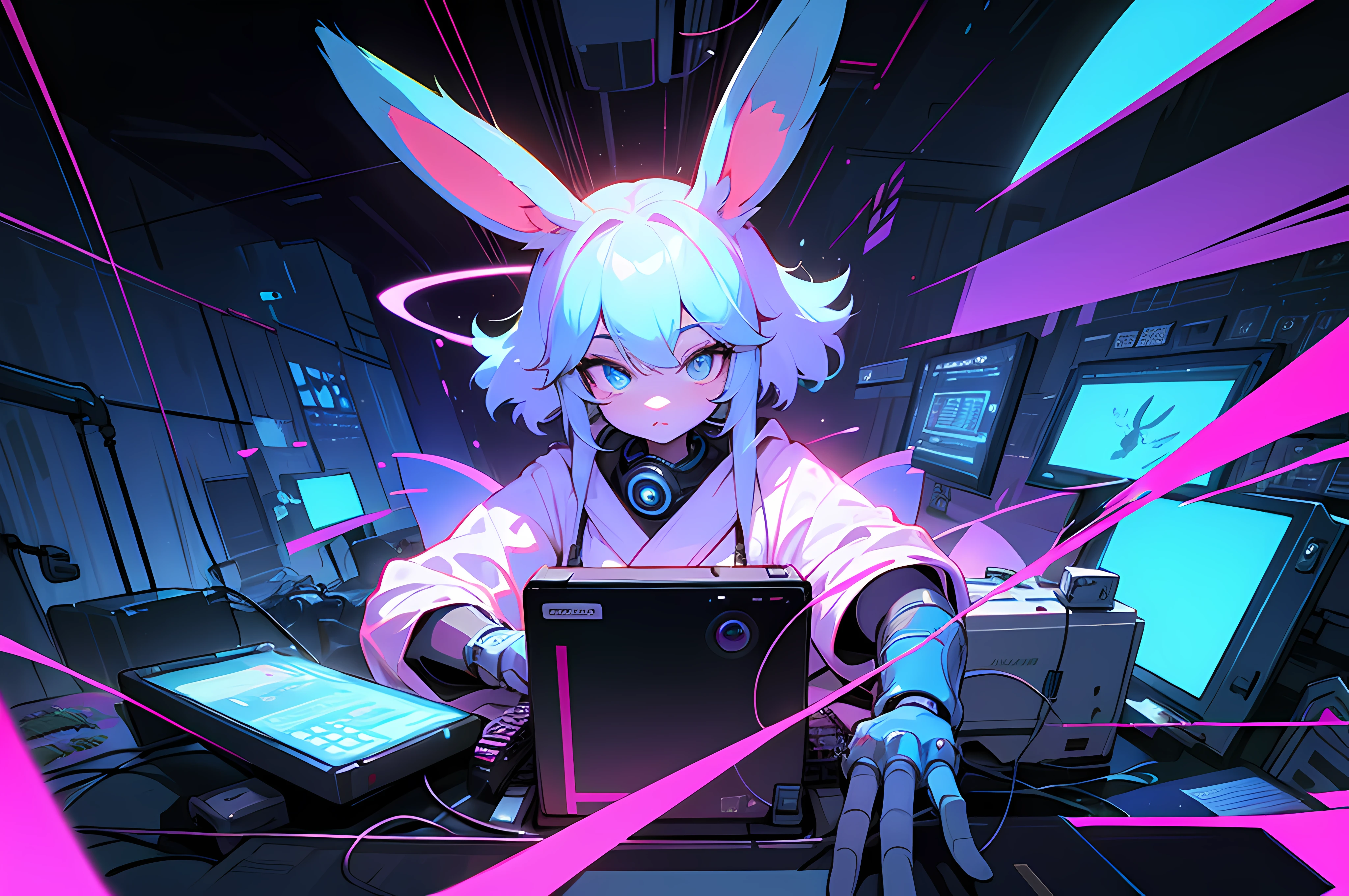 (blame! style abandoned tech landscape), (Zen, Amy Sol style), (((Lofi anthro kemono blue-furred rabbit girl writing at desk, beats to relax/study to))), ((blue kemono rabbit anime hacker)), (((suspended glass cyberpunk computer terminals in background)))((glowing cyberdeck screens)), (underground, dark, foggy, perilous, abandoned dystopian apartment bedroom, deep windows), (abstract anthro rabbit figure wearing bunny ears), cover art with light abstraction, abstract, simple vector art, contemporary Cybernetic art, color gradients, soft color palettes, layered forms, whimsical animation, style Ethereal abstract, 4K, --v6
