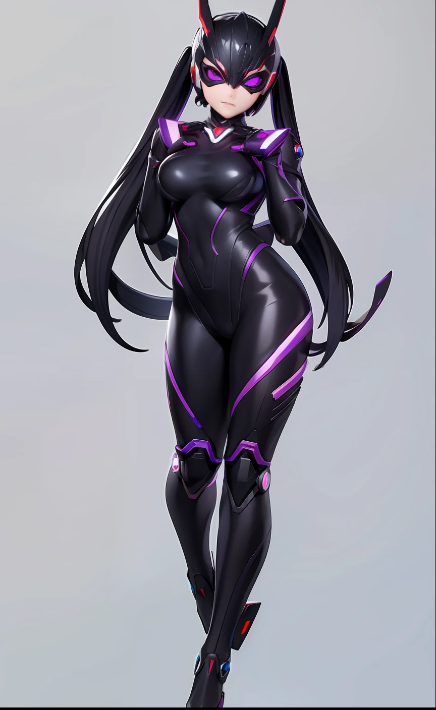 The beautiful figure of Ultraman Woman。Covering his true face with a black mask。Drossel's eyes shine。The whole body is covered in a black bodysuit。One female protagonist。Purple lines color the whole body beautifully。On the chest there is a glowing core。