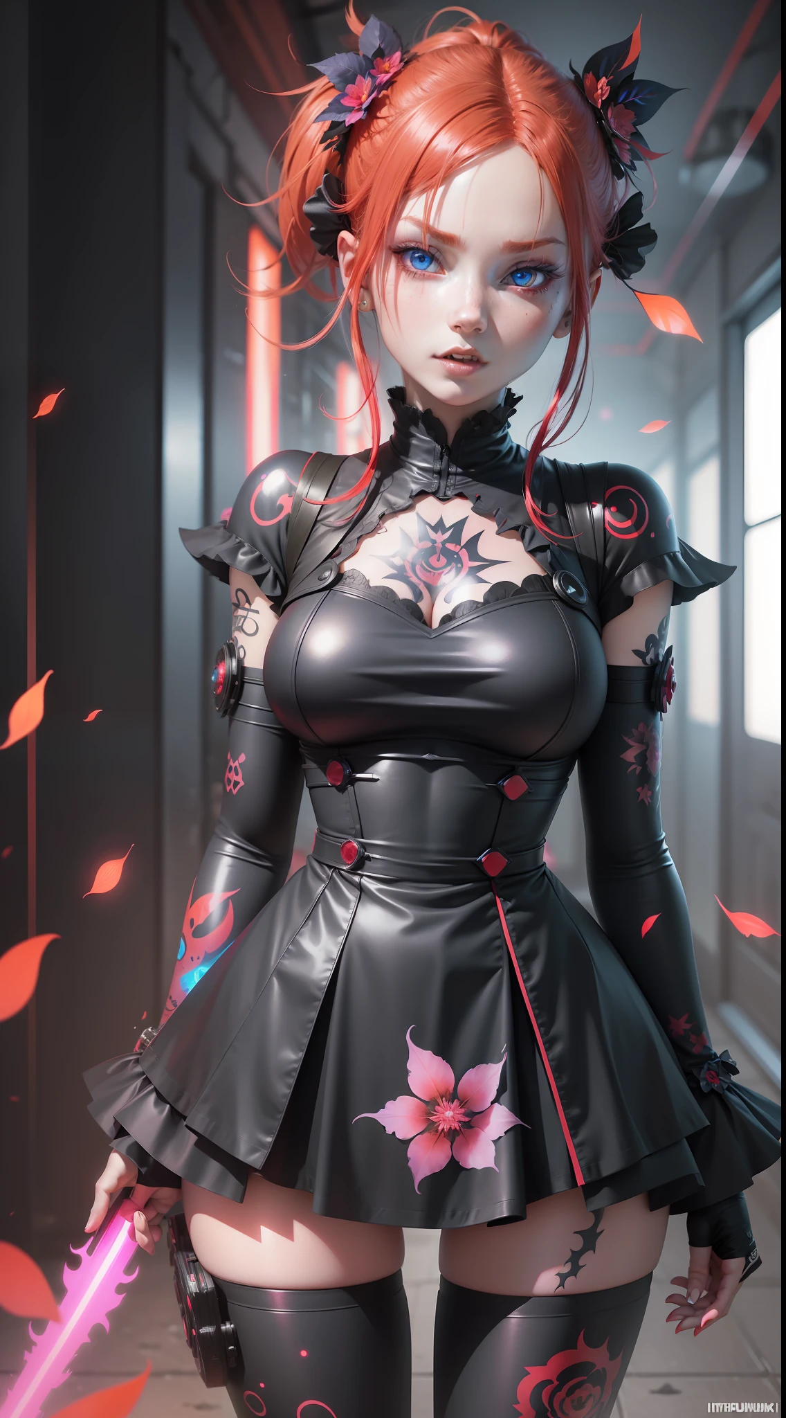 Photorealism, anime girl, vampire, with red hair, red dress, blue eyes, glowing, flowerpunk, samuraipunk, iridescent, bioluminescent, tattoopunk, hyper - detailed vibrant cinematic raking light, stunning, subsurface scattering, ambient occlusion, chromatic aberration, 8k
