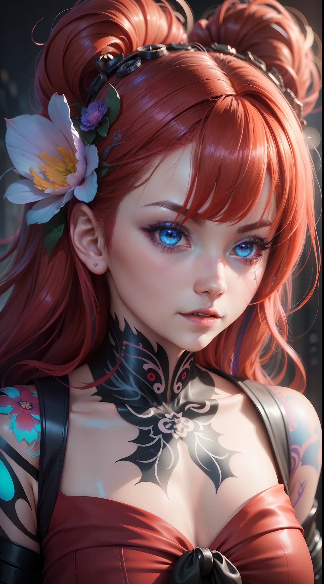 Photorealism, anime girl, vampire, with red hair, red dress, blue eyes, glowing, flowerpunk, samuraipunk, iridescent, bioluminescent, tattoopunk, hyper - detailed vibrant cinematic raking light, stunning, subsurface scattering, ambient occlusion, chromatic aberration, 8k