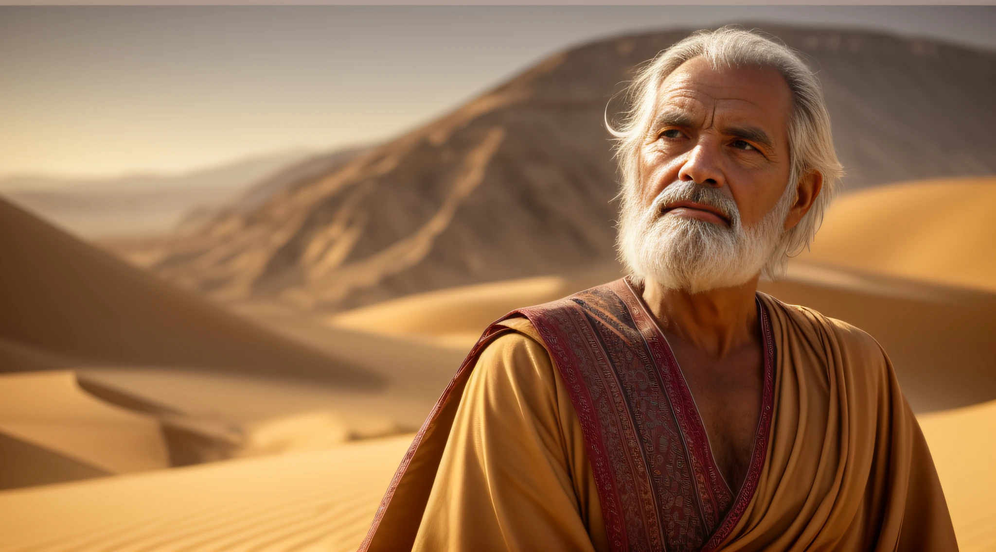 old man, Prophet in biblical robes, no deserto, rosto marcado pelo sol, olhando pensativamente para o horizonte, fundo do deserto, (cores neutras: 1,2), (HDR: 1,4) , (cores suaves:1.2), hiperdetalhado, (art-station:1.4), cinemamatográfico, luzes quentes, dramatic light, (detalhes intrincados:1.1), fundo complexo, (Rutkowski:0.66), (azul e laranja:0.4) homem mais velho, barba branca, severe features, (olhos bem detalhados) Wise old man, trabalho primoroso, obra prima, 8k, ultradetalhado, cinema, soft-lighting, alta qualidade, volumeric lighting, sincero, fotografia, alta qualidade, does not use paste, No accessories, sem caracteres no fundo, fundo do deserto, imagem de perfil em plano americano,