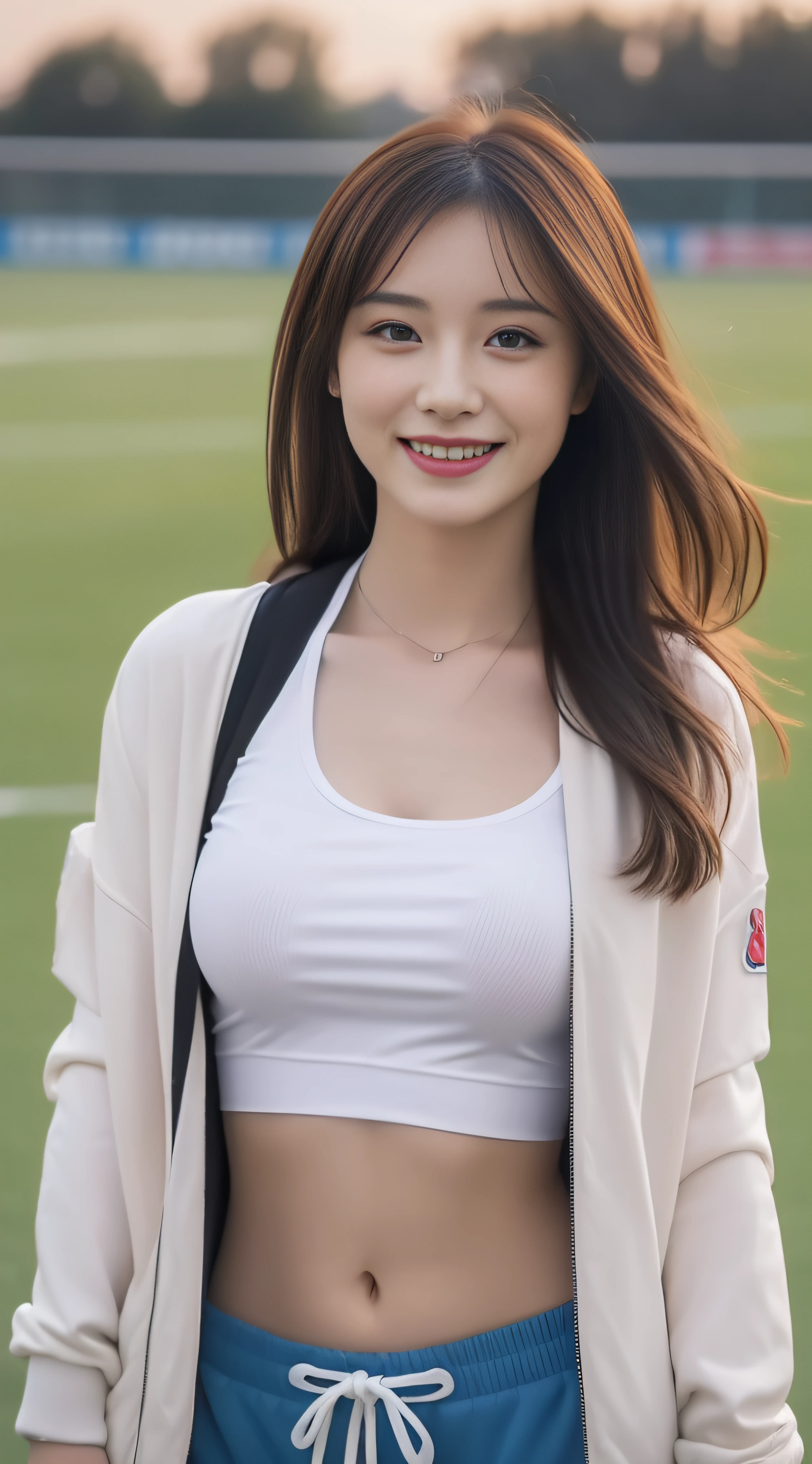 (8K、Raw photography、top-quality、​masterpiece:1.2)、(realisitic、realisitic:1.37)、超A high resolution、photon maping、Physically Based Rendering、1girl in、(brunette:1.3)、Twin-tailed、A detailed face、A detailed eye、is standing、Look at viewers、(little smile cute:1.2)、(Happiness)、Healing cute、(Soccer Field:1.2)、(early evening:1.2)、sweat pant、Open Sports Jacket、white t-shirts、Colossal tits
