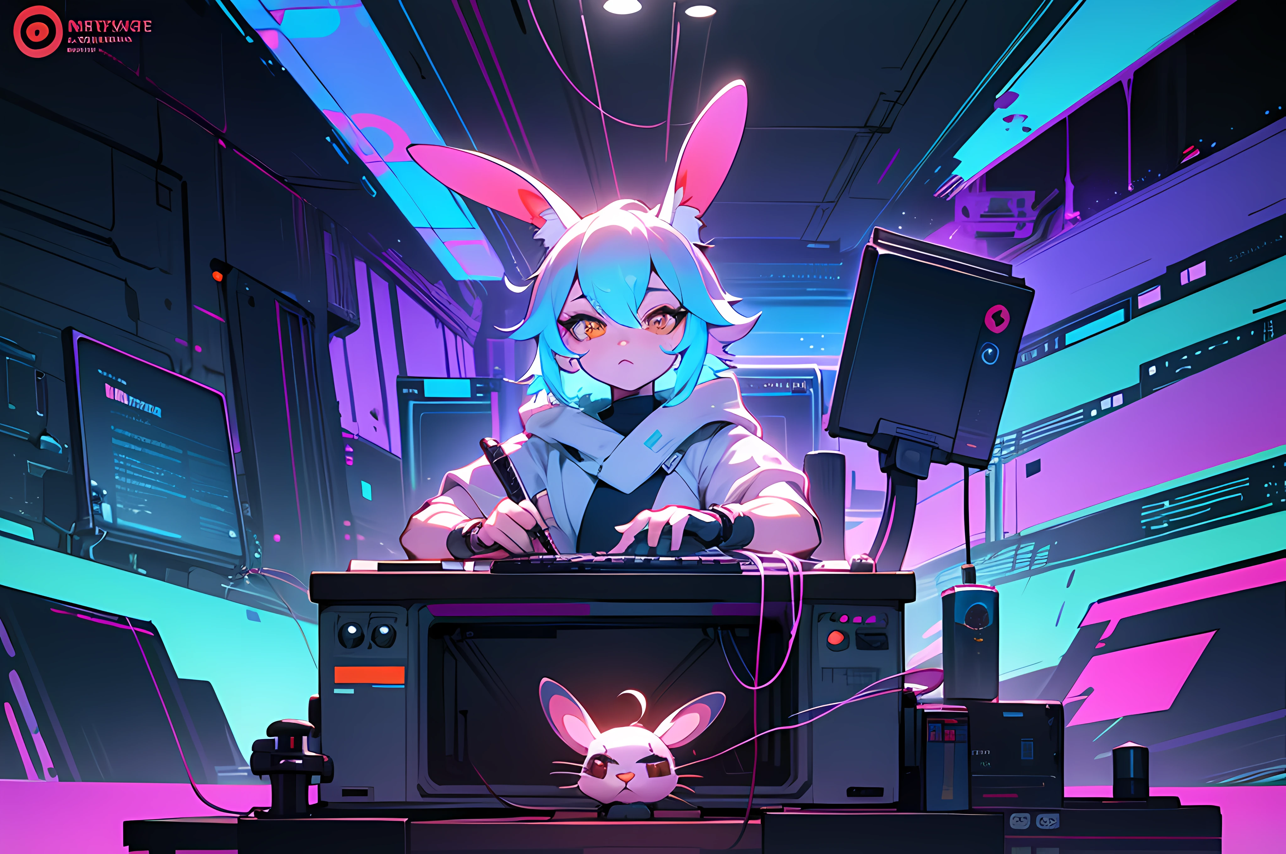 (blame! style abandoned tech landscape), (Zen, Amy Sol style), (((Lofi anthro kemono blue-furred rabbit girl writing at desk, beats to relax/study to))), ((blue kemono rabbit anime hacker)), (((suspended glass cyberpunk computer terminals in background)))((glowing cyberdeck screens)), (underground, dark, foggy, perilous, abandoned dystopian apartment bedroom, deep windows), (abstract anthro rabbit figure wearing bunny ears), cover art with light abstraction, abstract, simple vector art, contemporary Cybernetic art, color gradients, soft color palettes, layered forms, whimsical animation, style Ethereal abstract, 4K, --v6