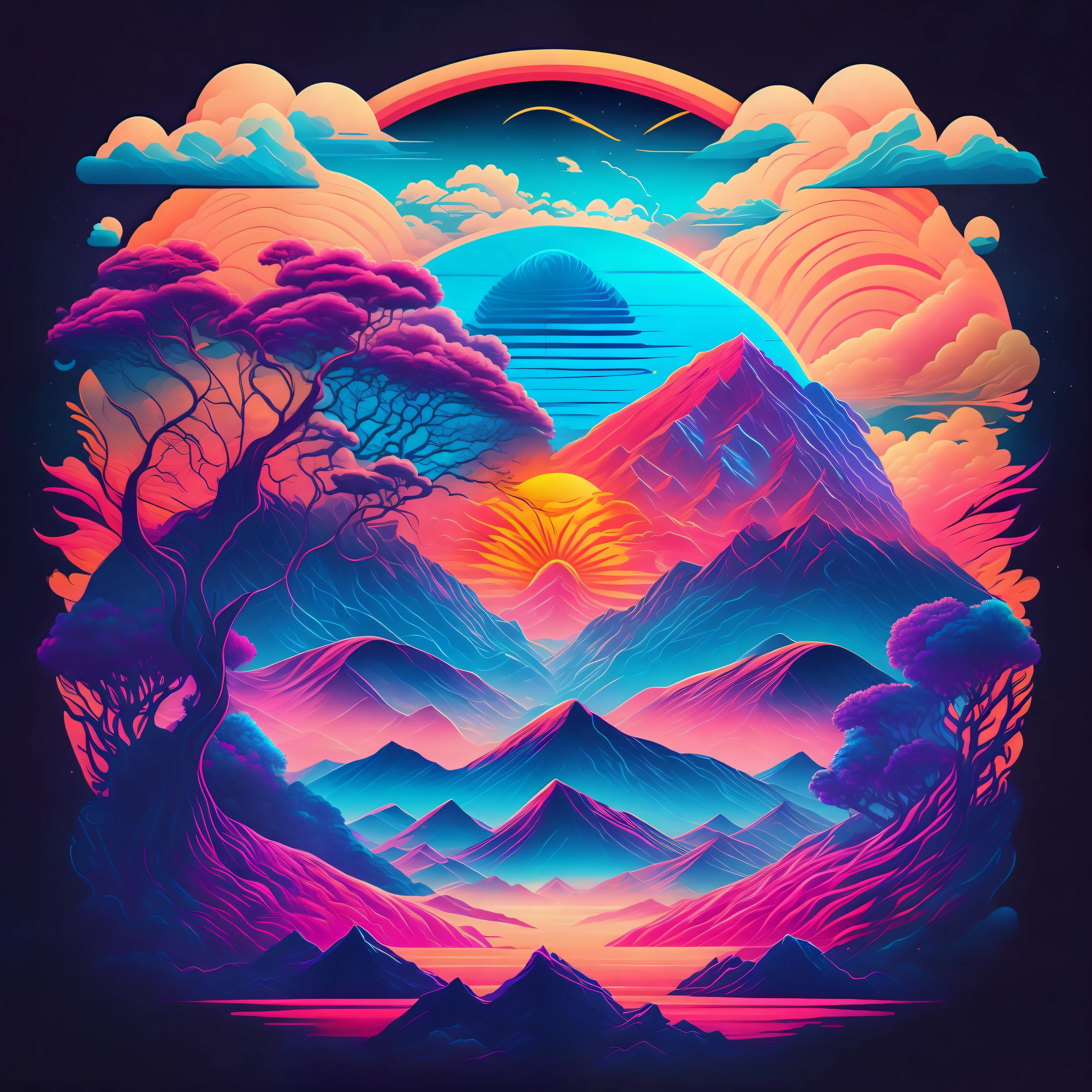 Vibrant and surreal landscapes with a psychedelic touch , T-shirt design, midjourney, vector art, hydro74