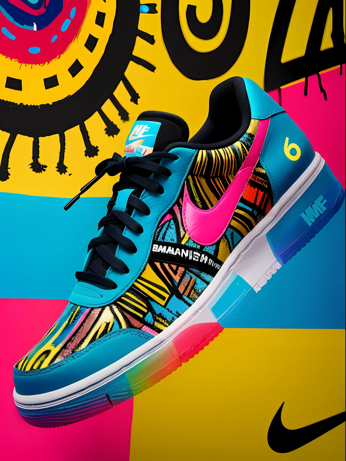 Imagine a Nike sneaker inspired by the unique and vibrant style of artist Jean-Michel Basquiat. The design is full of vivid colors, expressive lines and characteristic elements of Basquiat's works. Use your imagination to create this artistic shoe full of personality!