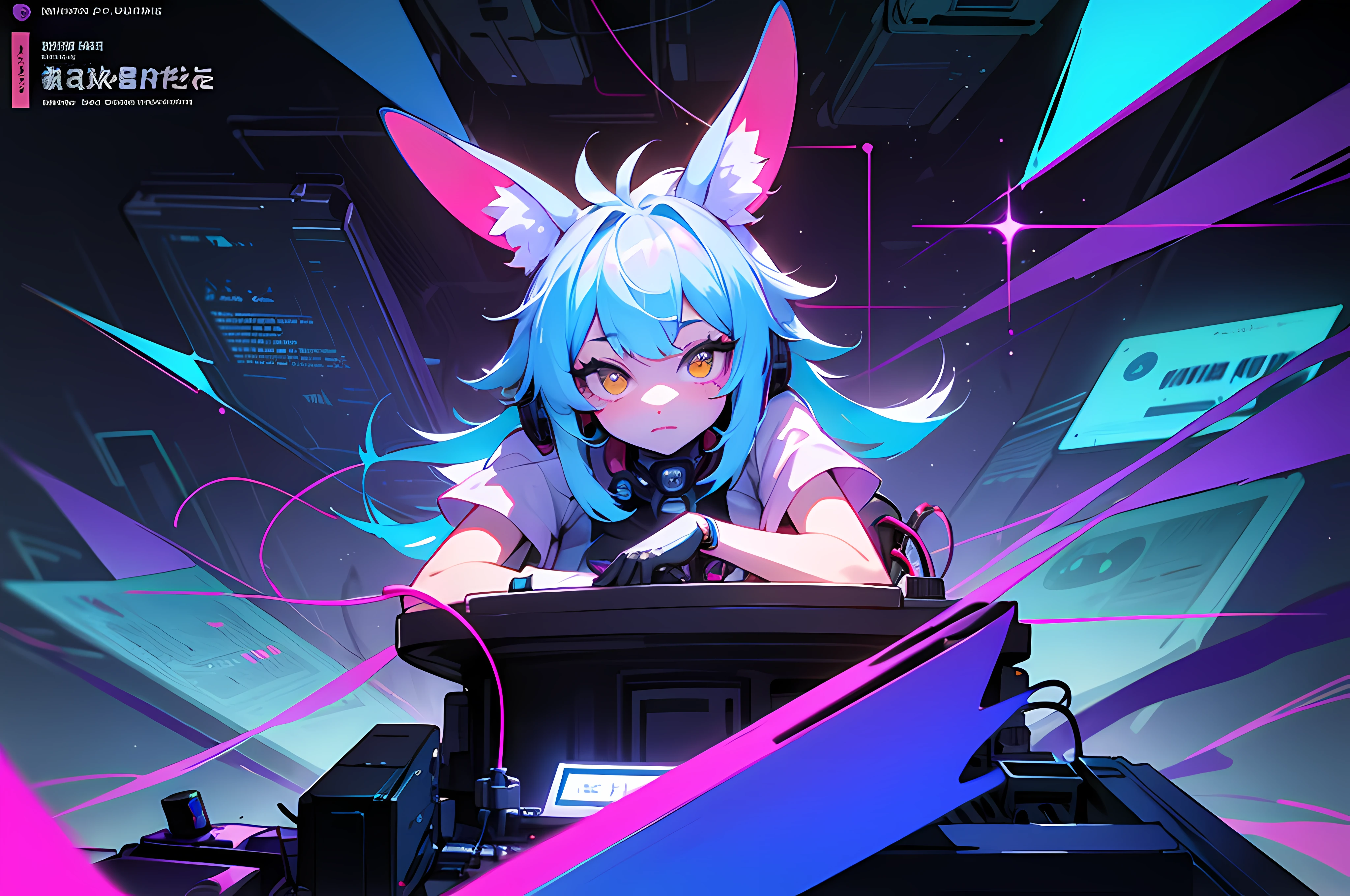 (blame! style abandoned tech landscape), (Zen, Amy Sol style), (((Lofi anthro kemono blue-furred rabbit girl writing at desk, beats to relax/study to))), ((blue kemono rabbit anime hacker)), (((suspended glass cyberpunk computer terminals in background)))((glowing cyberdeck screens)), (underground, dark, foggy, perilous, abandoned dystopian apartment bedroom, deep windows), (abstract anthro rabbit figure wearing bunny ears), cover art with light abstraction, abstract, simple vector art, contemporary Cybernetic art, color gradients, soft color palettes, layered forms, whimsical animation, style Ethereal abstract, 4K, --v6