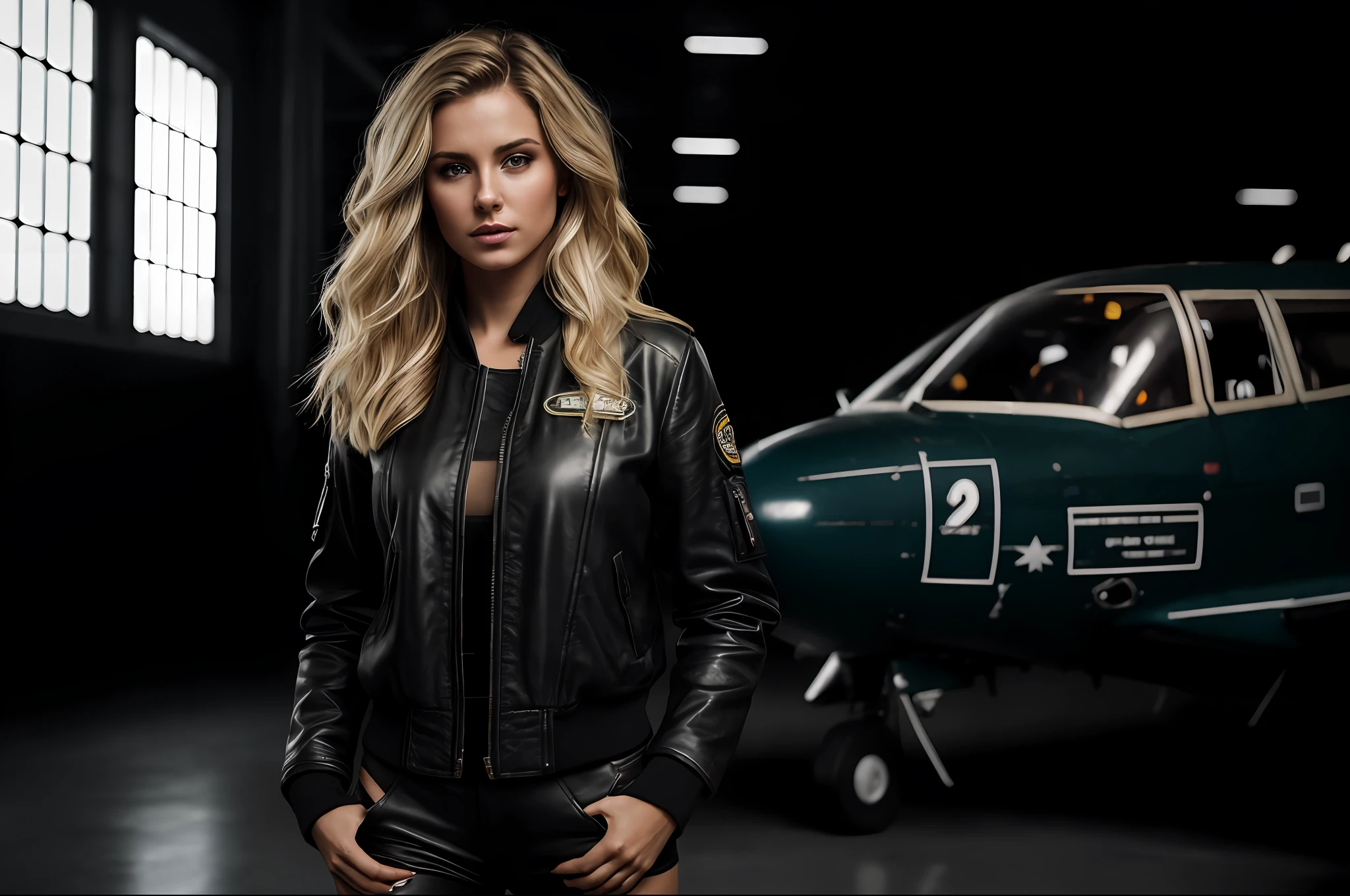 photorealistic full body portrait of stunning, sly female pilot in a hangar, old leather uniform, bomber jacket, (8k, RAW photo, best quality, masterpiece:1. 2), (realistic, photo-realistic:1. 37) ultra-detailed, beautiful detailed eyes, beautiful detailed lips, a captivating gaze, and an alluring expression. beautiful dynamic dramatic dark moody lighting, shadows, cinematic atmosphere, photograph, focal length, ((waist long, messy, wild, blonde, hair)),