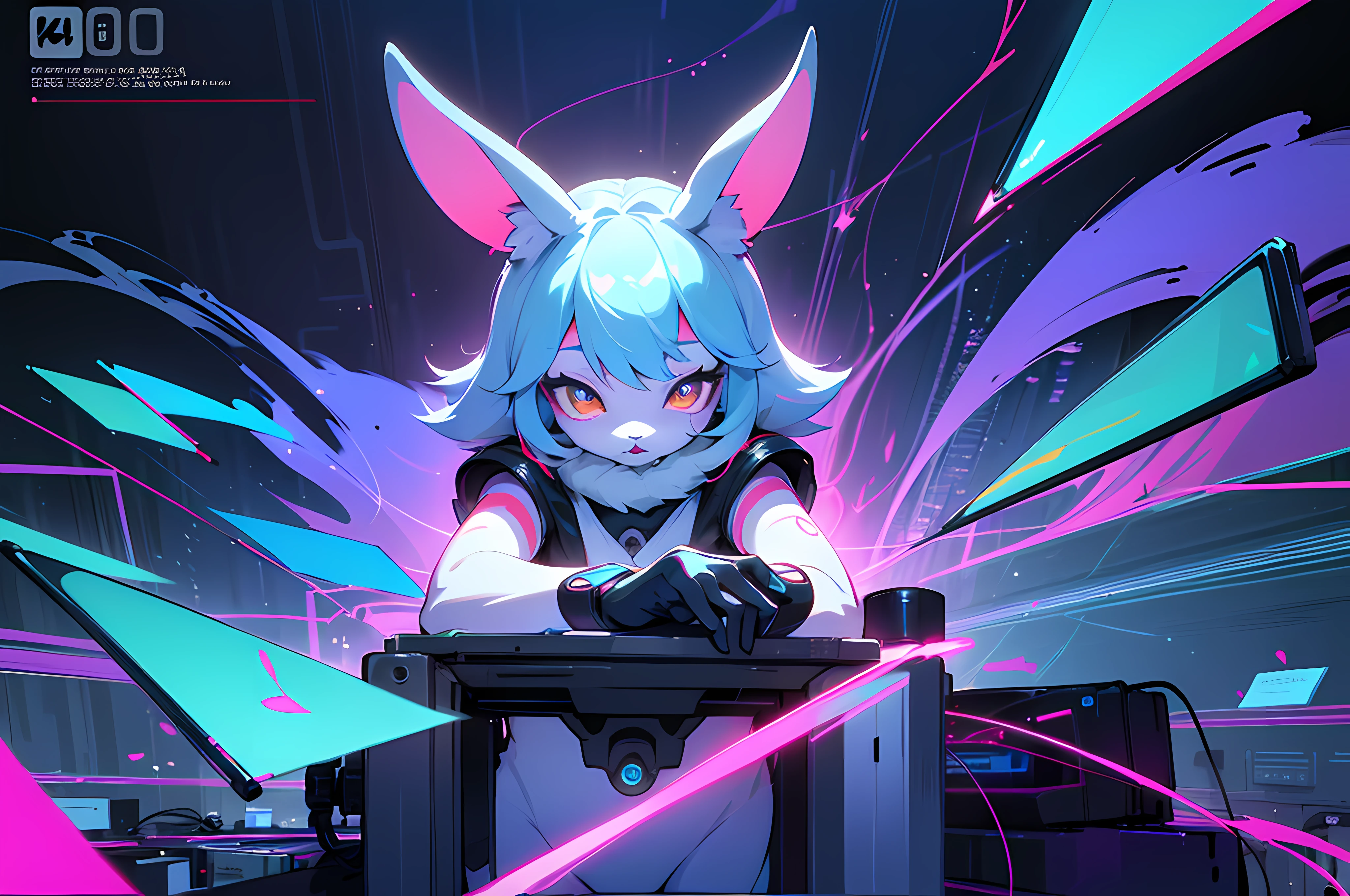 (blame! style abandoned tech landscape), (Zen, Amy Sol style), (((Lofi anthro kemono blue-furred rabbit girl writing at desk, beats to relax/study to))), ((blue kemono beastars furry rabbit anime hacker)), (((suspended glass cyberpunk computer terminals in background)))((glowing cyberdeck screens)), (underground, dark, foggy, perilous, abandoned dystopian apartment bedroom, deep windows), (abstract anthro rabbit figure wearing bunny ears), cover art with light abstraction, abstract, simple vector art, contemporary Cybernetic art, color gradients, soft color palettes, layered forms, whimsical animation, style Ethereal abstract, 4K, --v6