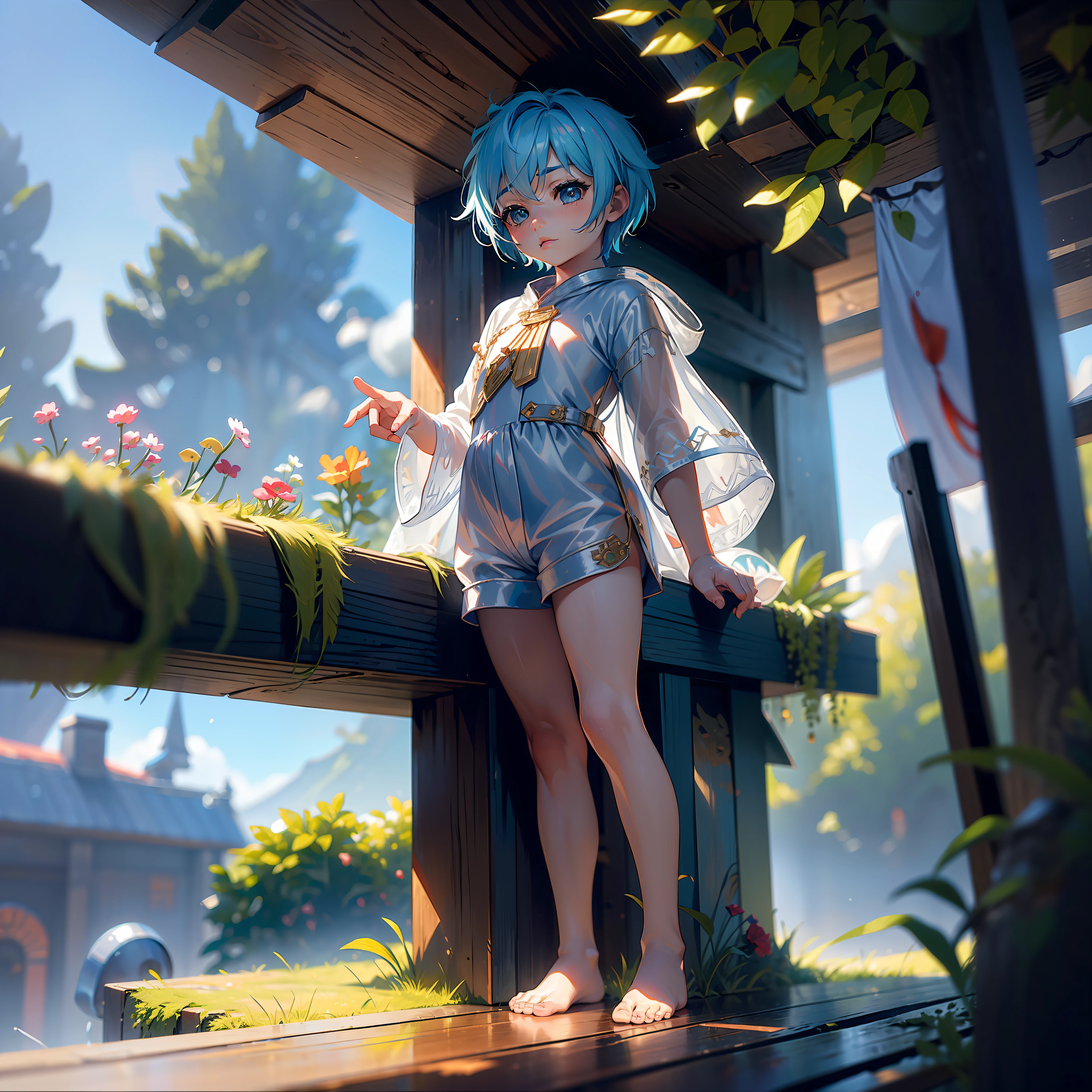 (short-heighted:1.7), (shota:1.7), (child:1.7), (1boy:1.3), (male:1.28), (short hair:1.28), (4K), little boy with white hair and green eyes and barefoot and white Onesie pajama small tiny feet, smirking, blushing, He sits on a Bench, showing feet, sexy feet pose, 2D, Focused on feet, feet pose, kawaii, cute colors, light tan, libido