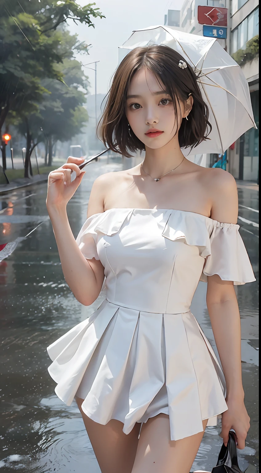 ((best qualtiy, 8K, tmasterpiece:1.3)), Focus:1.2,half-body photo,upper legs, perfect figure beautiful woman:1.4, Cocked buttocks:1.2, ((Cut hair in layers, Normal chest:1.2)), , (rain, street:1.3), Bandeau dress:1.1, Highly detailed facial and skin texture, A detailed eye, 二重まぶた,Whiten skin,long whitr hair,(with a round face:1.5),Superskirt,Raised sexy,Get wet