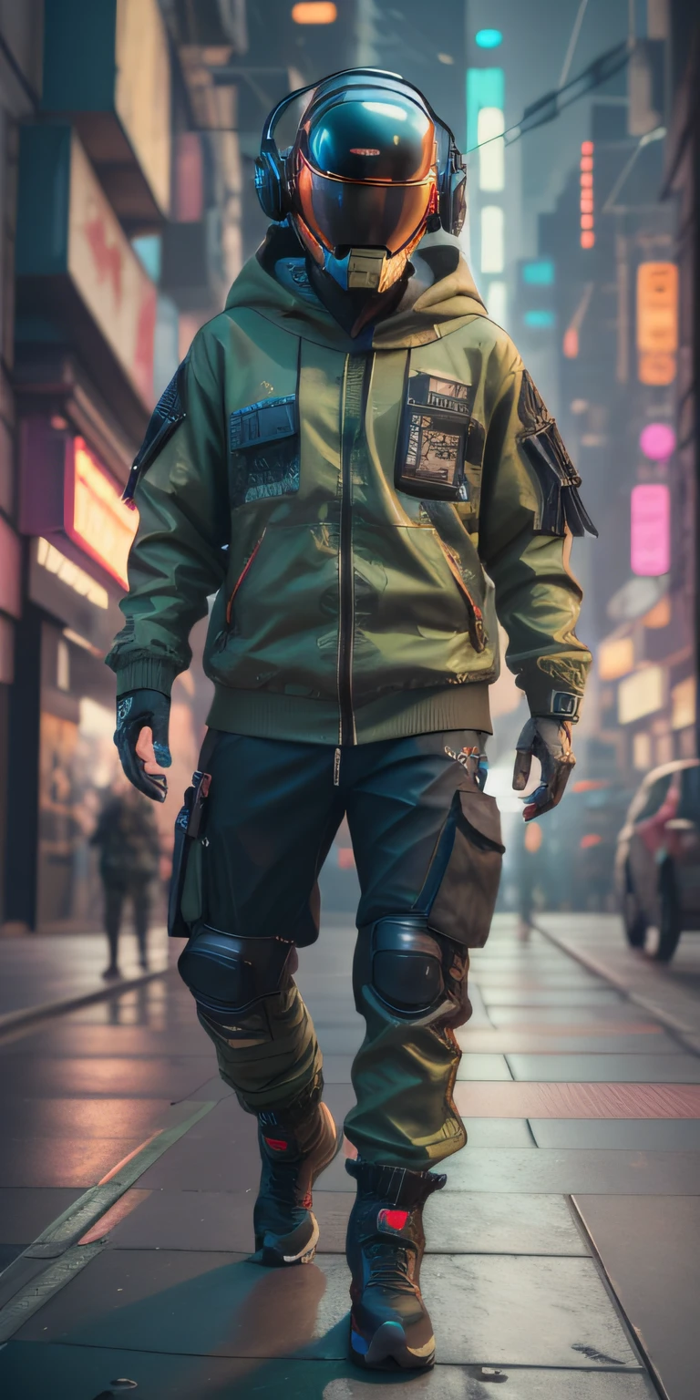 (masterpiece, full body shot, intricate raw photography) Cyberpunk citizen, comfortable super oversized asymetrical
green camouflage pattern techwear jacket, black hoodie, black cargo pants, black clothing, dark, wearing a futuristic black high-tech helmet daft punk style, aerodynamic, intricate, futuristic, advanced technology, dark environment, dramatic, light and shadow, cinematic, action movie, sharpness, random relaxed position, cyberpunk city, street neon lights, dark street, night, insta photo, photo of the year, octane render, substance, Maya 3D, cinema4D, ArtStation Trending, Devian Art Trend,