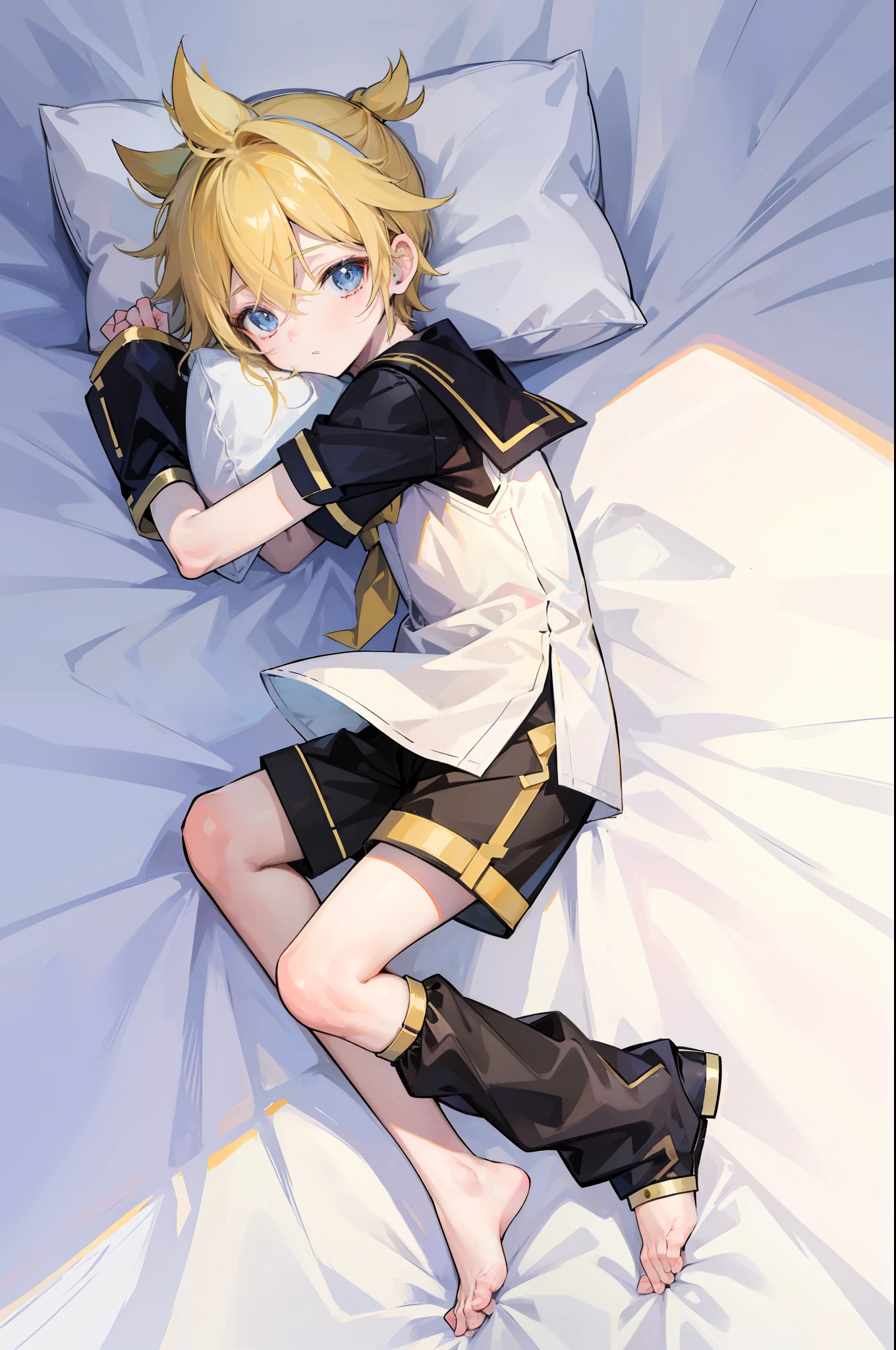 best quality, ultra precision, (one boy), (Len_Kagamine), cute, cool, blond hair, shota, cowlick, sailor uniform, black short pants, slender,  your cute boyfriend, innocent, boy model, boy is cute like a girl, on bed, lying on bed, sleep peacefully, close boy's eyes, boy is sleeping well, hugging pillow, full body, lovely, sleepy