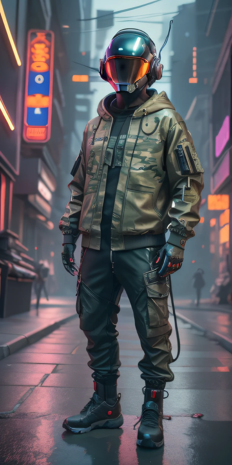 (masterpiece, full body shot, intricate raw photography) Cyberpunk citizen, comfortable super oversized asymetrical  
green camouflage pattern techwear jacket, black hoodie, black cargo pants, black clothing, dark, wearing a futuristic black high-tech helmet daft punk style, aerodynamic, intricate, futuristic, advanced technology, dark environment, dramatic, light and shadow, cinematic, action movie, sharpness, random relaxed position, cyberpunk city, street neon lights, dark street, night, insta photo, photo of the year,  octane render, substance, Maya 3D, cinema4D, ArtStation Trending, Devian Art Trend,