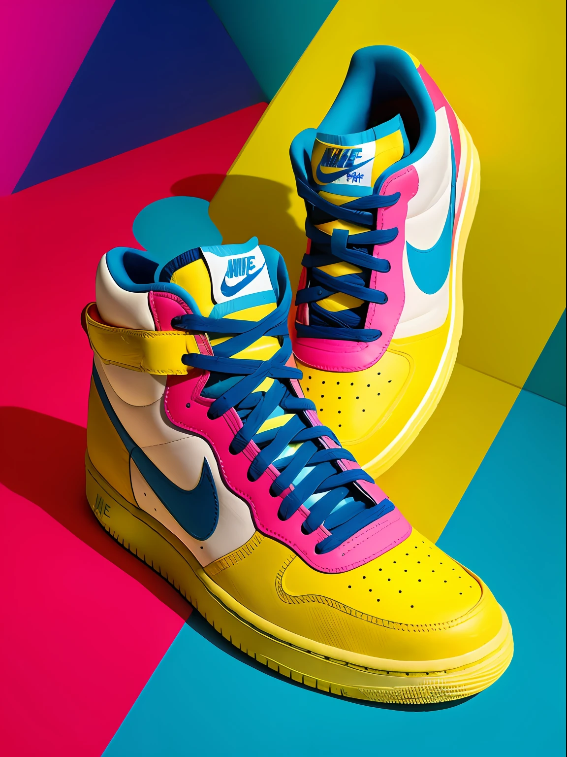 Imagine a Nike sneaker inspired by the unique and vibrant style of artist Jean-Michel Basquiat. The design is full of vivid colors, expressive lines and characteristic elements of Basquiat's works. Use your imagination to create this artistic shoe full of personality!